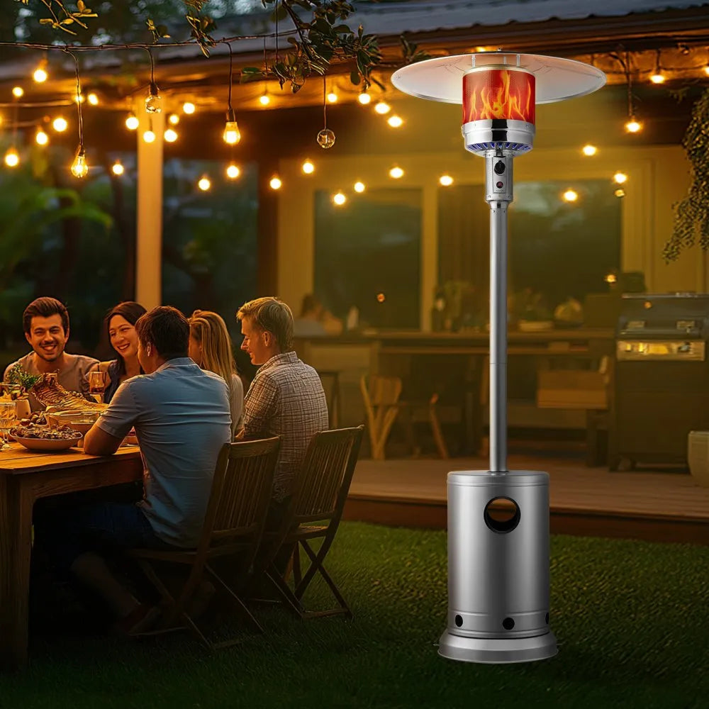 50,000 BTU Outdoor Propane Heater with Hammered Silver Finish and Round Table