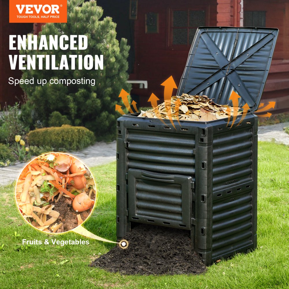 VEVOR Garden Compost Bin 80 Gal, BPA Free Composter, Large Capacity Outdoor Composting Bin with Top Lid and Bottom Door, Easy Assembling, Lightweight, Fast Creation of Fertile Soil 