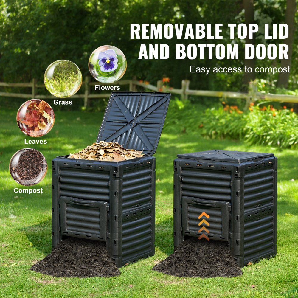 VEVOR Garden Compost Bin 80 Gal, BPA Free Composter, Large Capacity Outdoor Composting Bin with Top Lid and Bottom Door, Easy Assembling, Lightweight, Fast Creation of Fertile Soil 