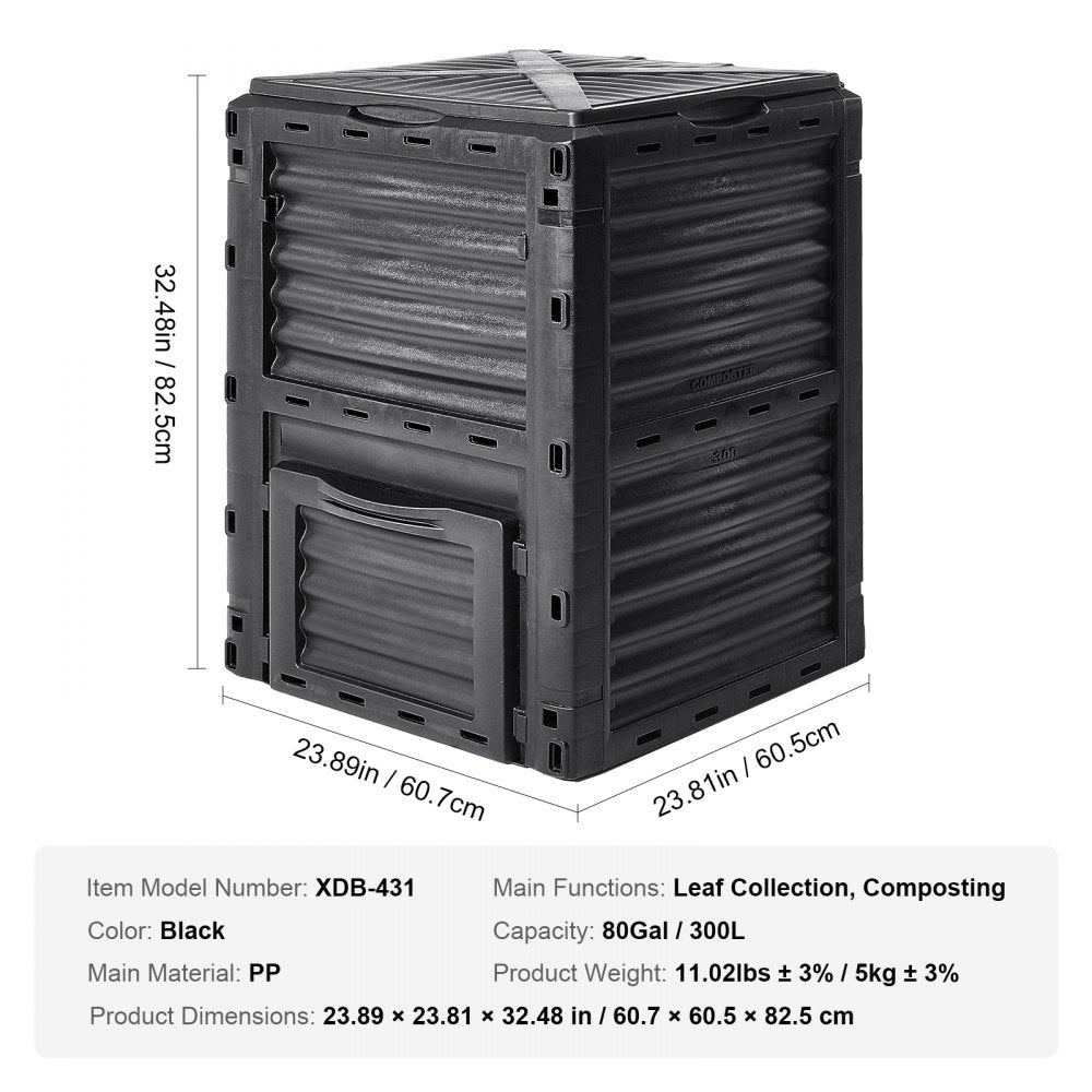 VEVOR Garden Compost Bin 80 Gal, BPA Free Composter, Large Capacity Outdoor Composting Bin with Top Lid and Bottom Door, Easy Assembling, Lightweight, Fast Creation of Fertile Soil 