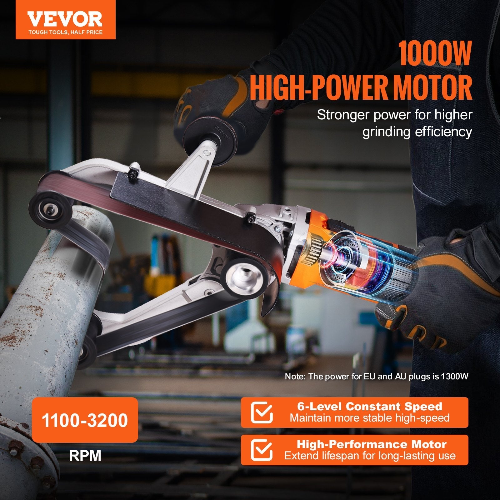 VEVOR Pipe Tube Polisher Sander, 1000W Pipe Belt Sander with 6 Variable Speeds 1100-3200rpm, Professional Belt Sander Grinding Machine with 3PCS Sanding Belts for Burnishing Finishing Rust Removal 