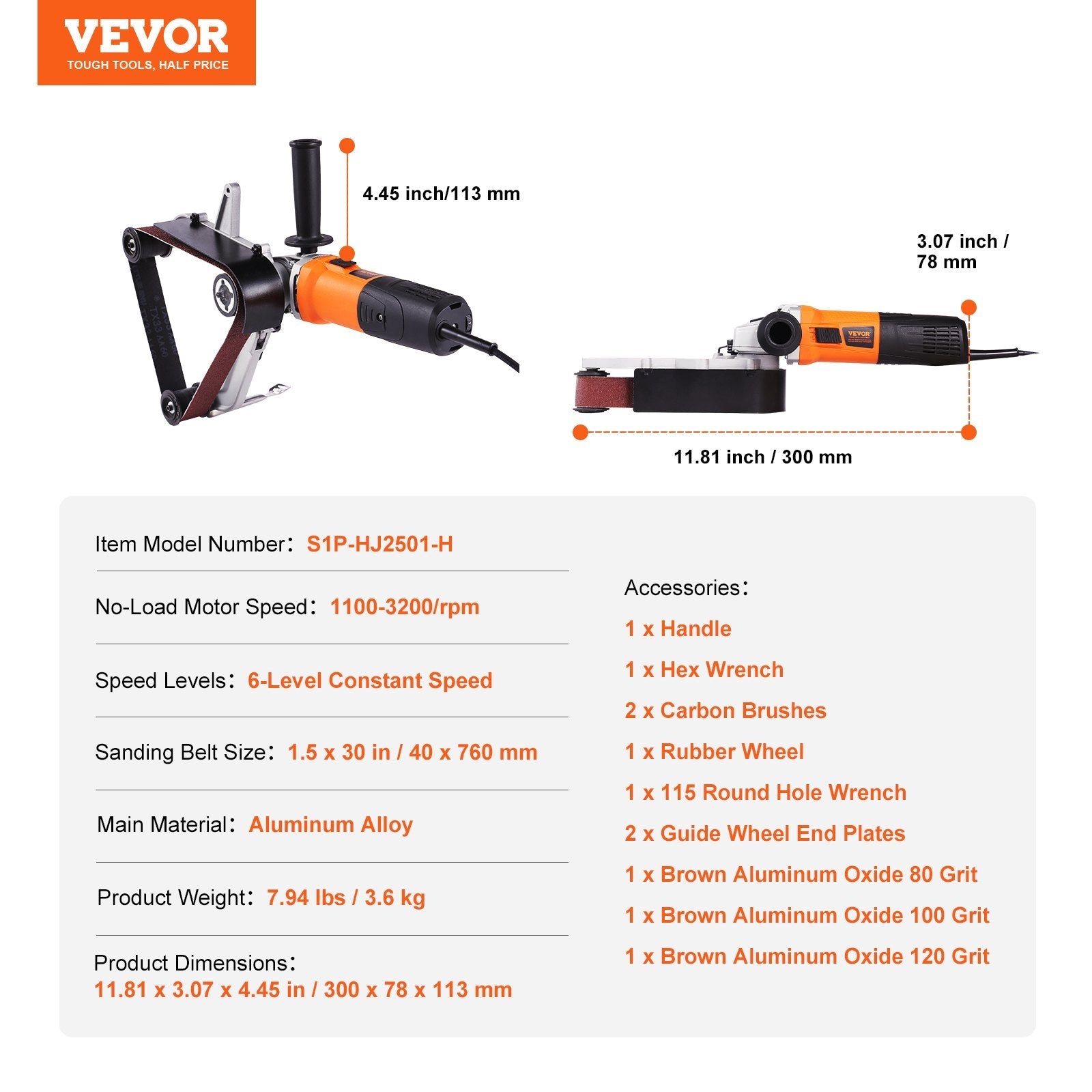 VEVOR Pipe Tube Polisher Sander, 1000W Pipe Belt Sander with 6 Variable Speeds 1100-3200rpm, Professional Belt Sander Grinding Machine with 3PCS Sanding Belts for Burnishing Finishing Rust Removal 