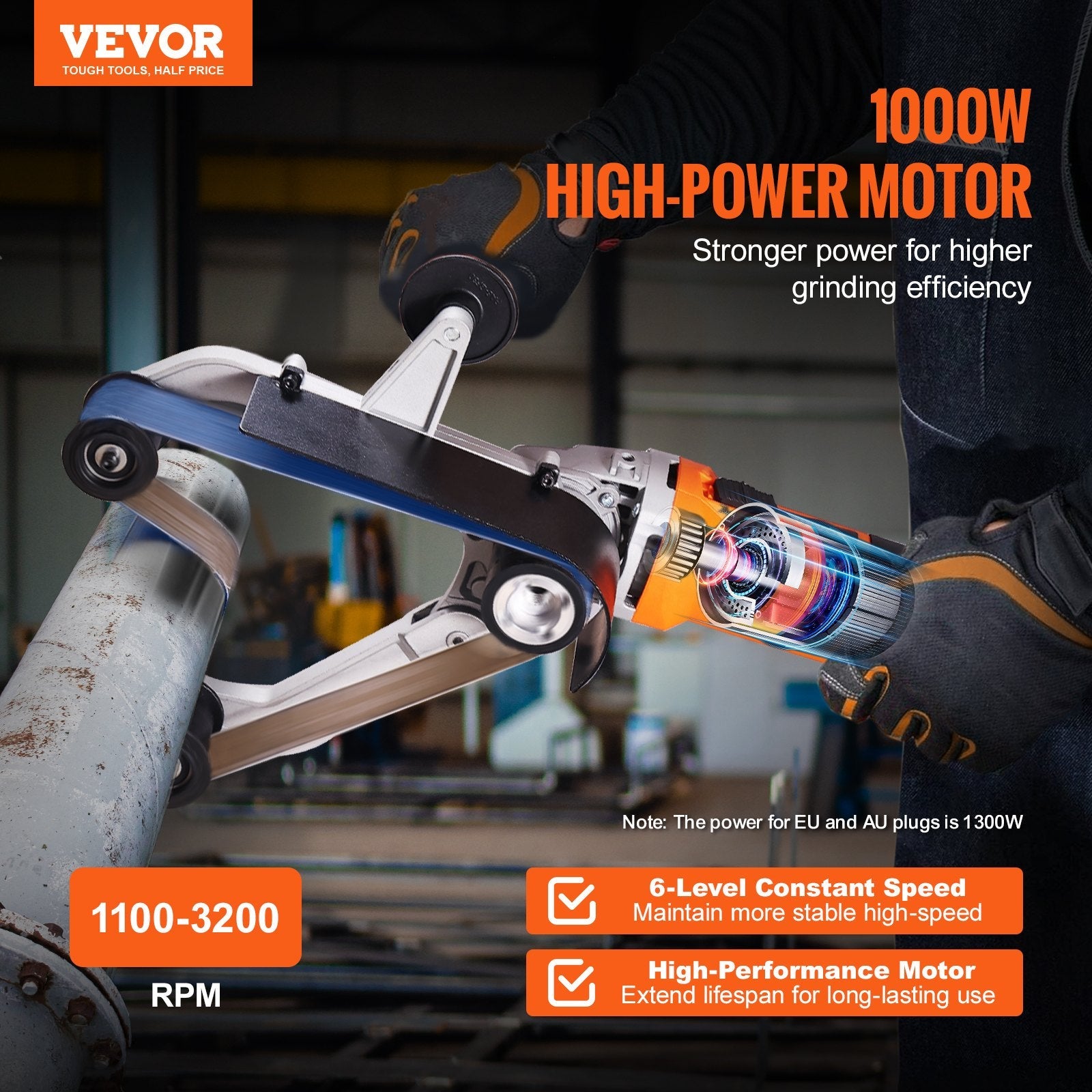 VEVOR Pipe Tube Polisher Sander, 1000W Pipe Belt Sander with 6 Variable Speeds 1100-3200rpm, Professional Belt Sander Grinding Machine with 50PCS Sanding Belts for Burnishing Finishing Rust Removal 