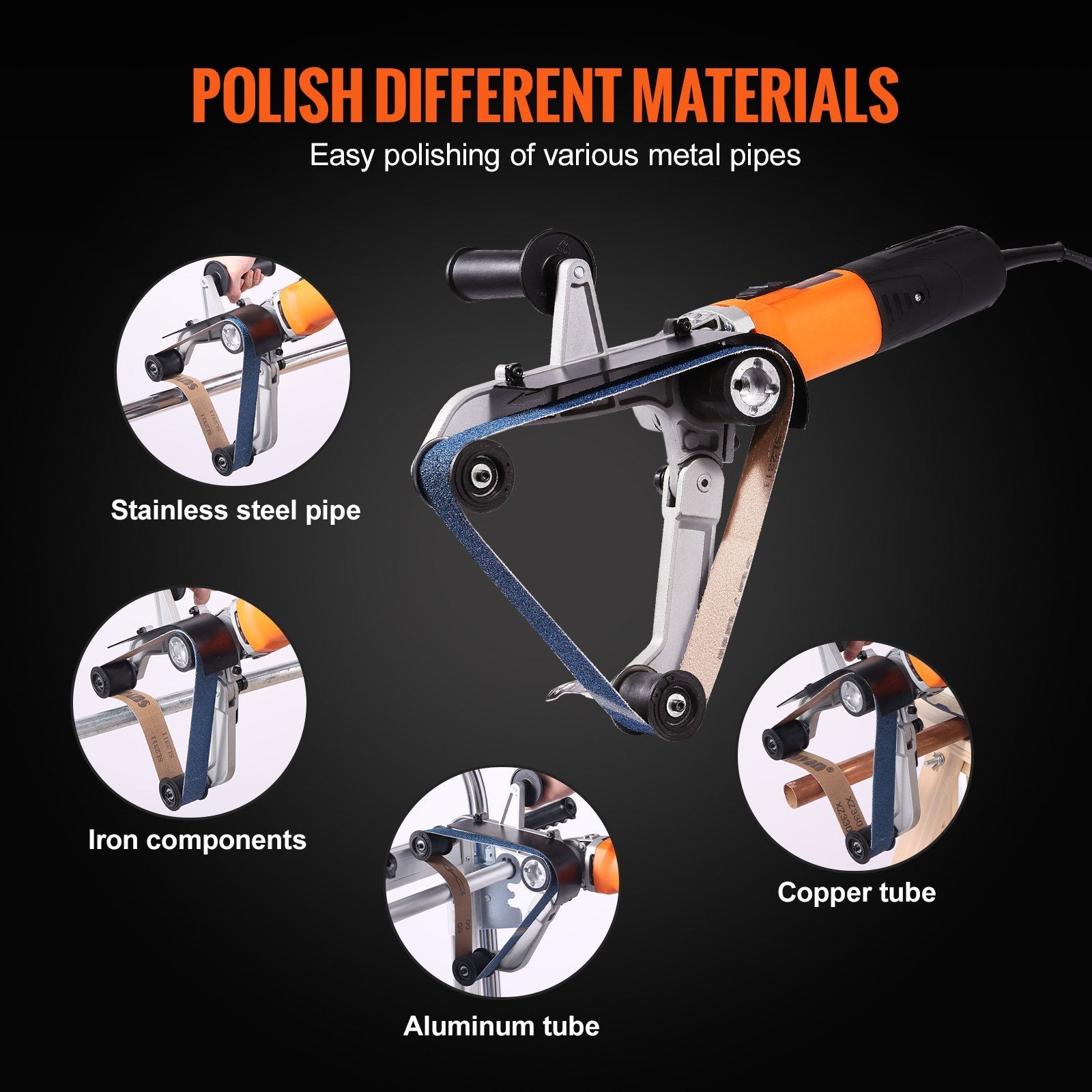 VEVOR Pipe Tube Polisher Sander, 1000W Pipe Belt Sander with 6 Variable Speeds 1100-3200rpm, Professional Belt Sander Grinding Machine with 50PCS Sanding Belts for Burnishing Finishing Rust Removal 