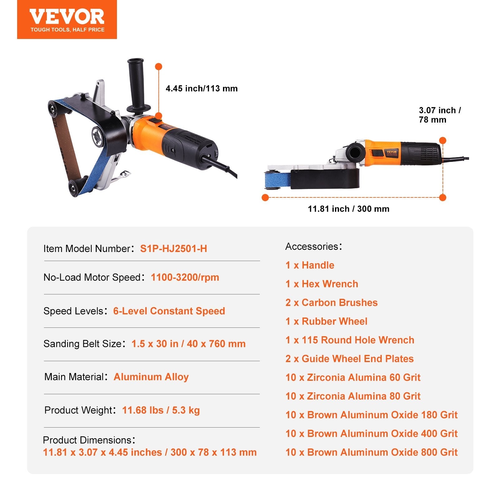 VEVOR Pipe Tube Polisher Sander, 1000W Pipe Belt Sander with 6 Variable Speeds 1100-3200rpm, Professional Belt Sander Grinding Machine with 50PCS Sanding Belts for Burnishing Finishing Rust Removal 