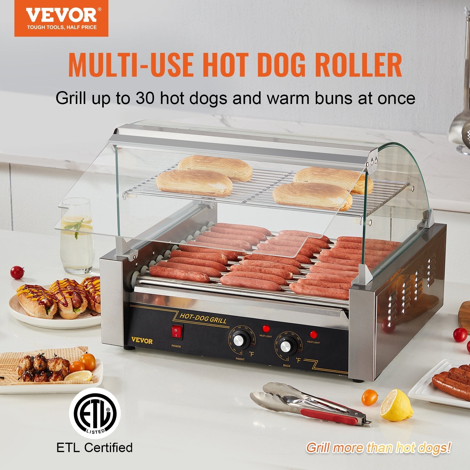 VEVOR Hot Dog Roller, 11 Rollers 30 Hot Dogs Capacity, 1650W Stainless Sausage Grill Cooker Machine with Dual Temp Control Glass Hood Acrylic Cover Bun Warmer Shelf Removable Drip Tray, ETL Certified 
