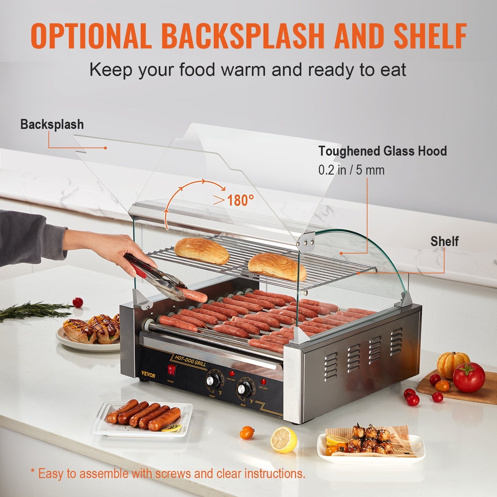 VEVOR Hot Dog Roller, 11 Rollers 30 Hot Dogs Capacity, 1650W Stainless Sausage Grill Cooker Machine with Dual Temp Control Glass Hood Acrylic Cover Bun Warmer Shelf Removable Drip Tray, ETL Certified 