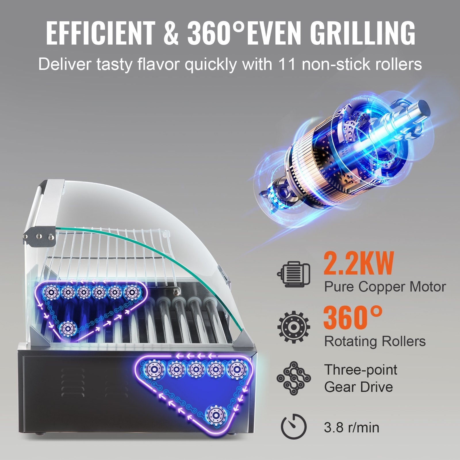 VEVOR Hot Dog Roller, 11 Rollers 30 Hot Dogs Capacity, 1650W Stainless Sausage Grill Cooker Machine with Dual Temp Control Glass Hood Acrylic Cover Bun Warmer Shelf Removable Drip Tray, ETL Certified 