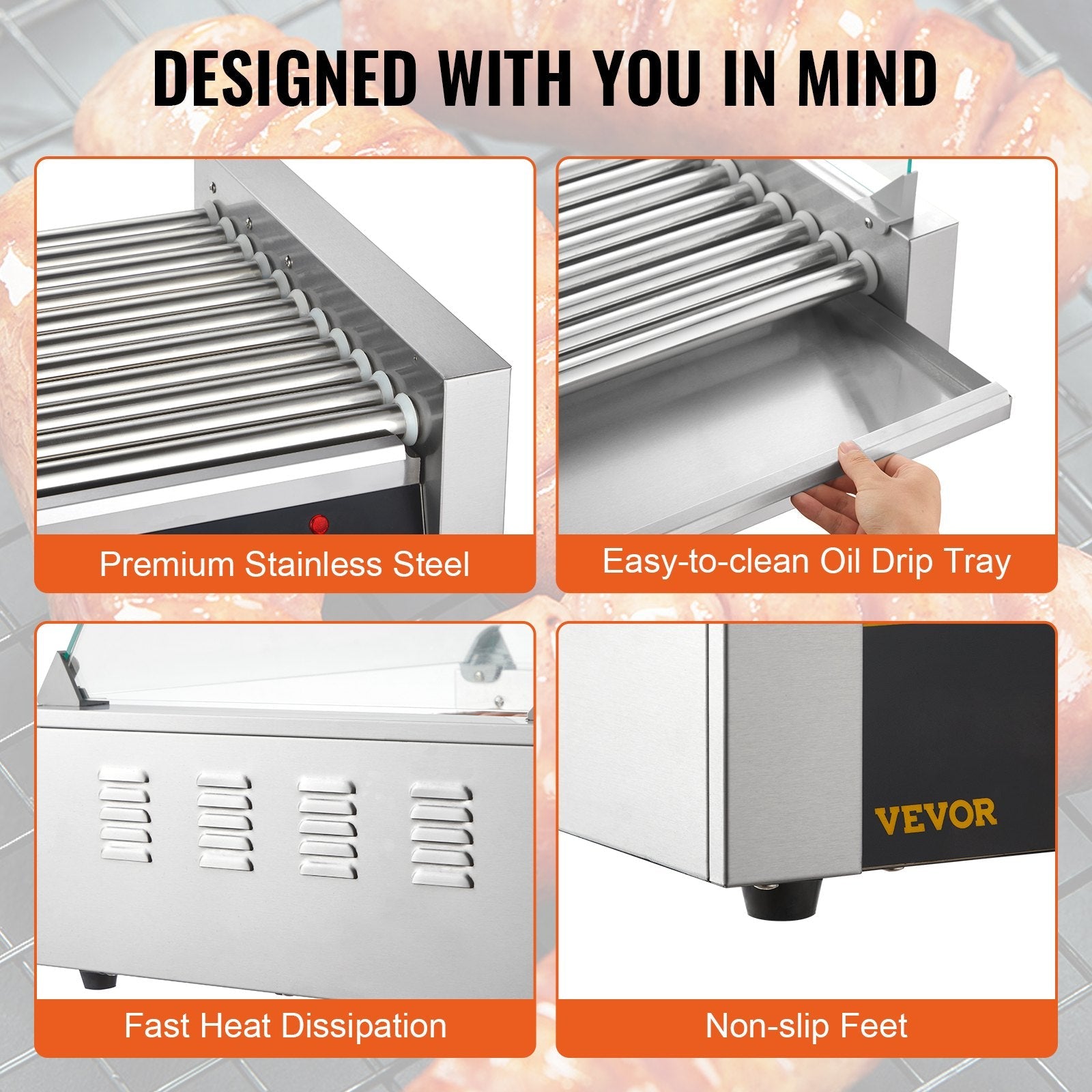 VEVOR Hot Dog Roller, 11 Rollers 30 Hot Dogs Capacity, 1650W Stainless Sausage Grill Cooker Machine with Dual Temp Control Glass Hood Acrylic Cover Bun Warmer Shelf Removable Drip Tray, ETL Certified 