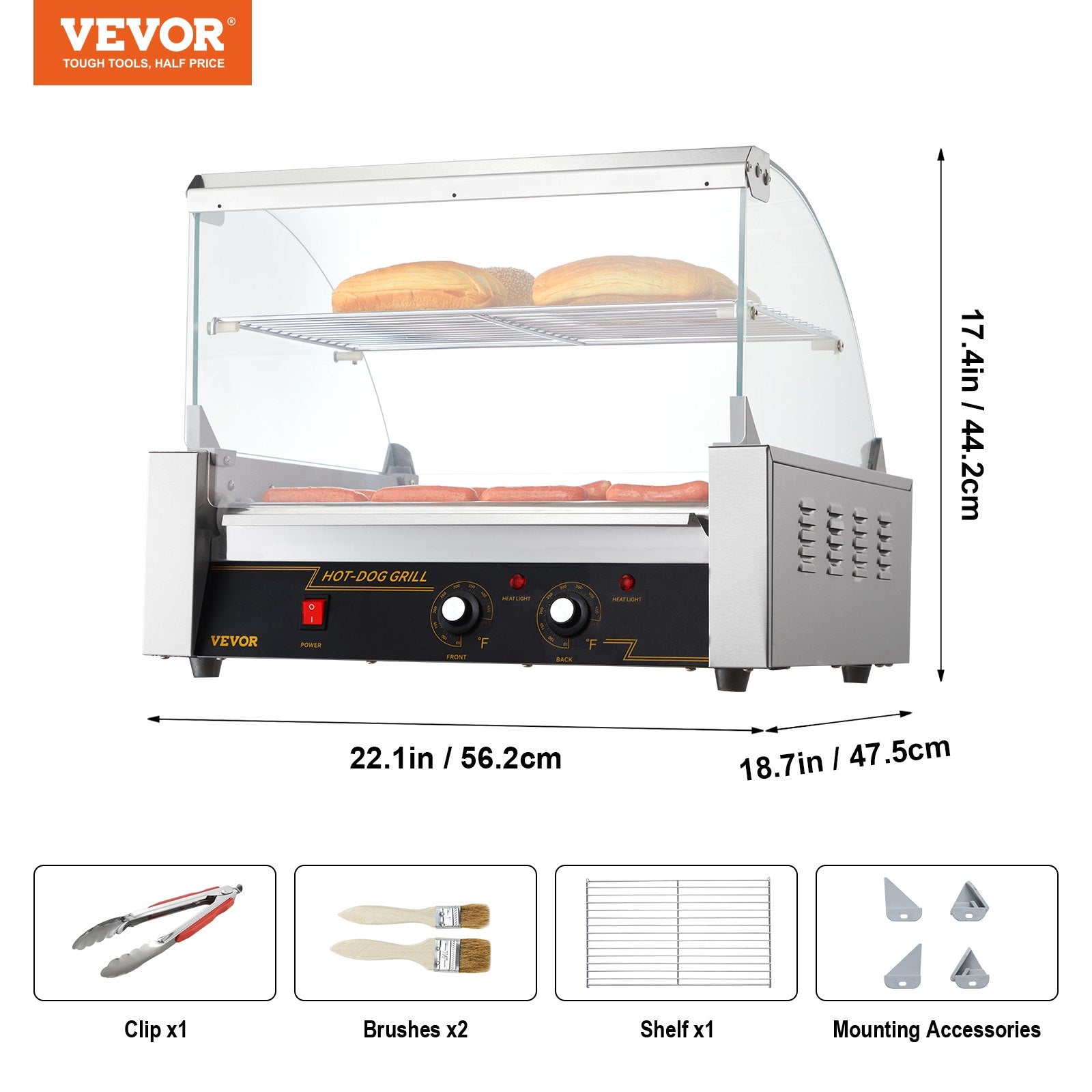 VEVOR Hot Dog Roller, 11 Rollers 30 Hot Dogs Capacity, 1650W Stainless Sausage Grill Cooker Machine with Dual Temp Control Glass Hood Acrylic Cover Bun Warmer Shelf Removable Drip Tray, ETL Certified 