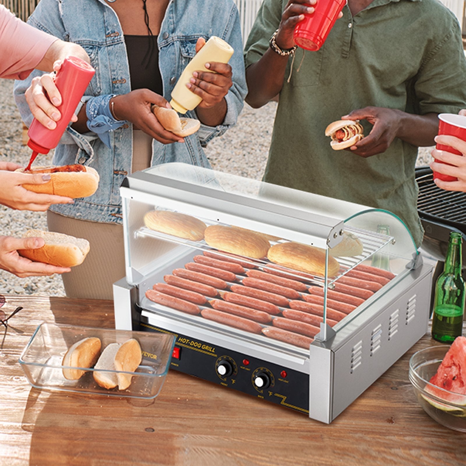 VEVOR Hot Dog Roller, 11 Rollers 30 Hot Dogs Capacity, 1650W Stainless Sausage Grill Cooker Machine with Dual Temp Control Glass Hood Acrylic Cover Bun Warmer Shelf Removable Drip Tray, ETL Certified 
