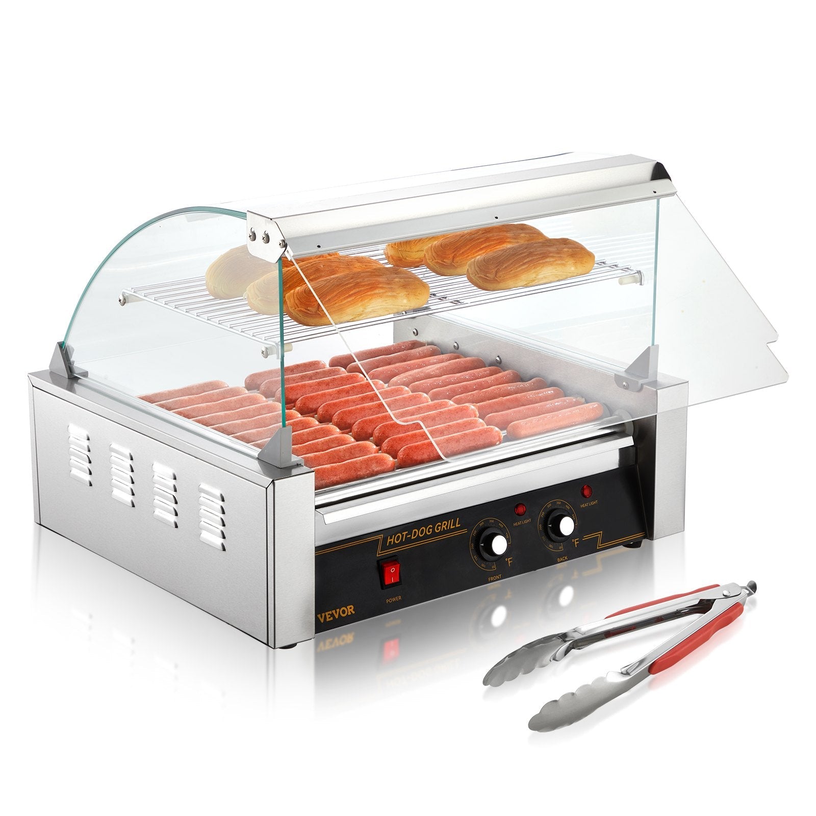 VEVOR Hot Dog Roller, 11 Rollers 30 Hot Dogs Capacity, 1650W Stainless Sausage Grill Cooker Machine with Dual Temp Control Glass Hood Acrylic Cover Bun Warmer Shelf Removable Drip Tray, ETL Certified 