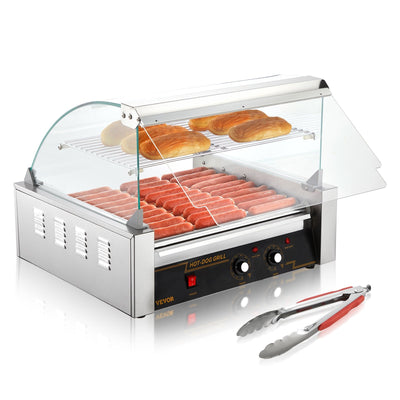 VEVOR Hot Dog Roller, 11 Rollers 30 Hot Dogs Capacity, 1650W Stainless Sausage Grill Cooker Machine with Dual Temp Control Glass Hood Acrylic Cover Bun Warmer Shelf Removable Drip Tray, ETL Certified 
