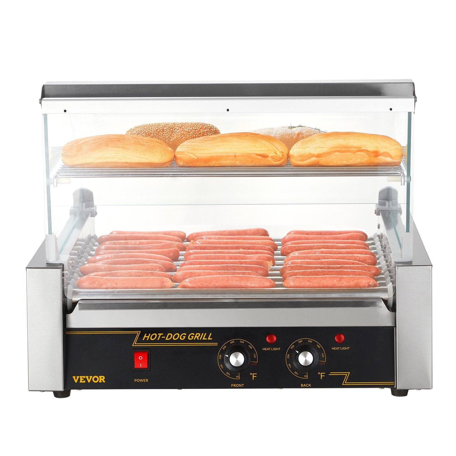 VEVOR Hot Dog Roller, 11 Rollers 30 Hot Dogs Capacity, 1650W Stainless Sausage Grill Cooker Machine with Dual Temp Control Glass Hood Acrylic Cover Bun Warmer Shelf Removable Drip Tray, ETL Certified 