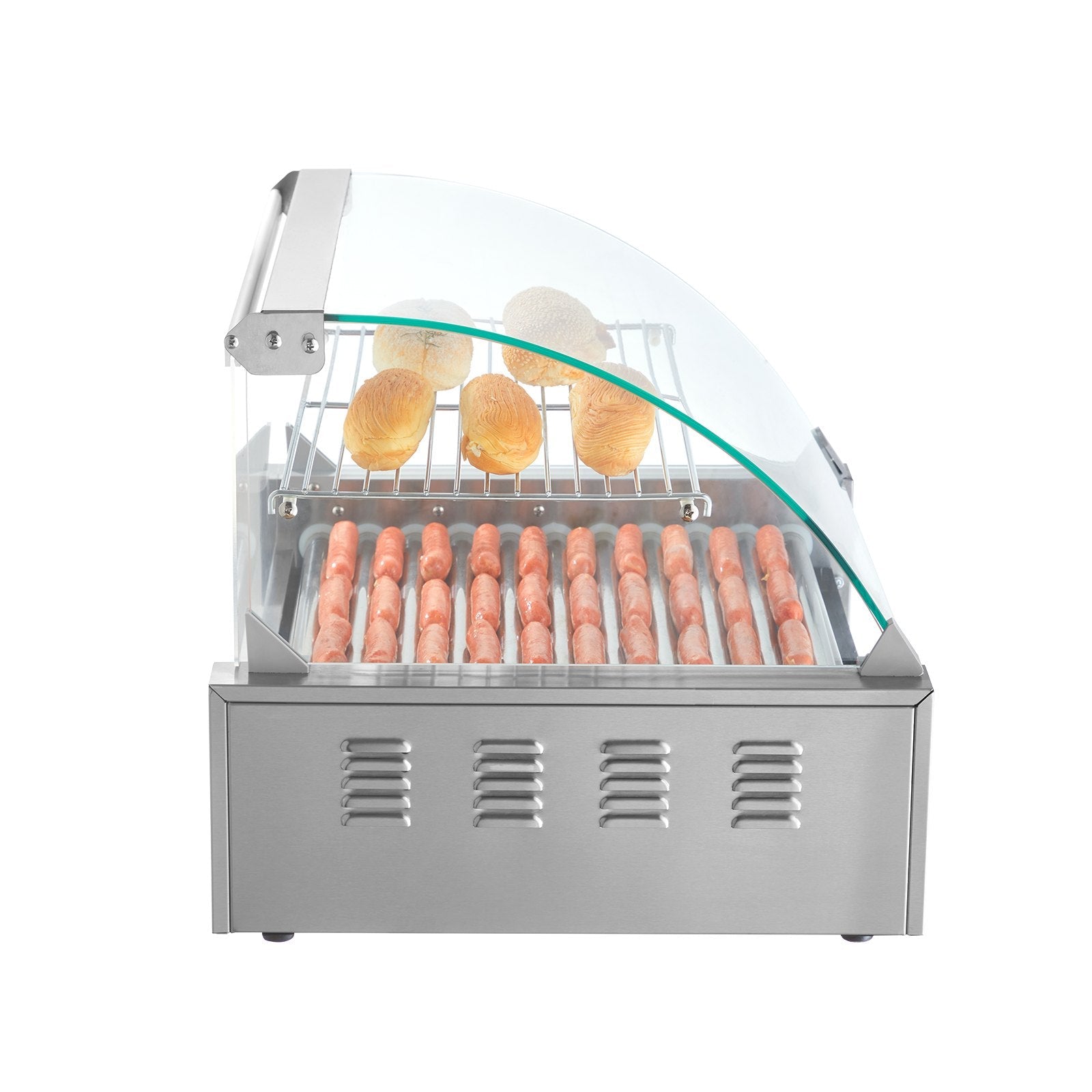 VEVOR Hot Dog Roller, 11 Rollers 30 Hot Dogs Capacity, 1650W Stainless Sausage Grill Cooker Machine with Dual Temp Control Glass Hood Acrylic Cover Bun Warmer Shelf Removable Drip Tray, ETL Certified 