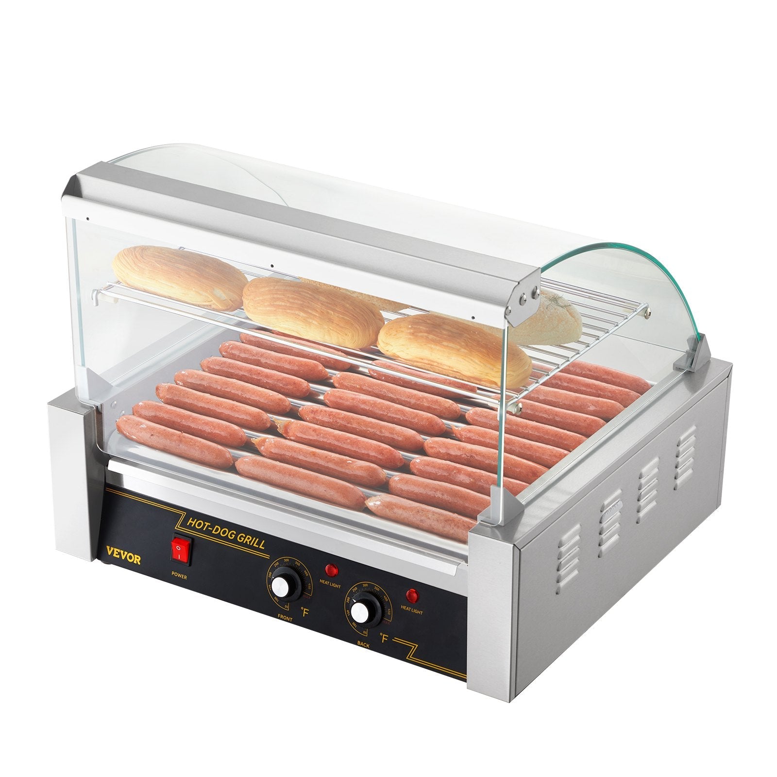VEVOR Hot Dog Roller, 11 Rollers 30 Hot Dogs Capacity, 1650W Stainless Sausage Grill Cooker Machine with Dual Temp Control Glass Hood Acrylic Cover Bun Warmer Shelf Removable Drip Tray, ETL Certified 