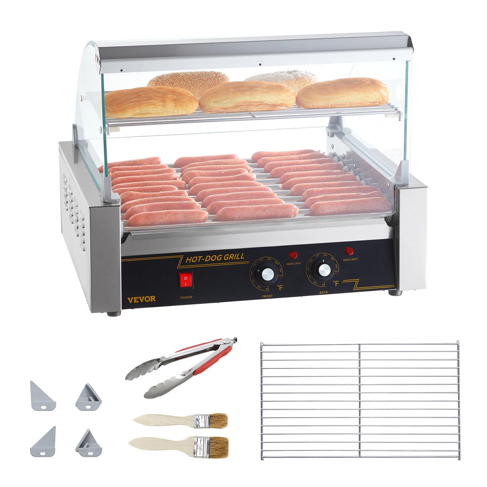 VEVOR Hot Dog Roller, 11 Rollers 30 Hot Dogs Capacity, 1650W Stainless Sausage Grill Cooker Machine with Dual Temp Control Glass Hood Acrylic Cover Bun Warmer Shelf Removable Drip Tray, ETL Certified 