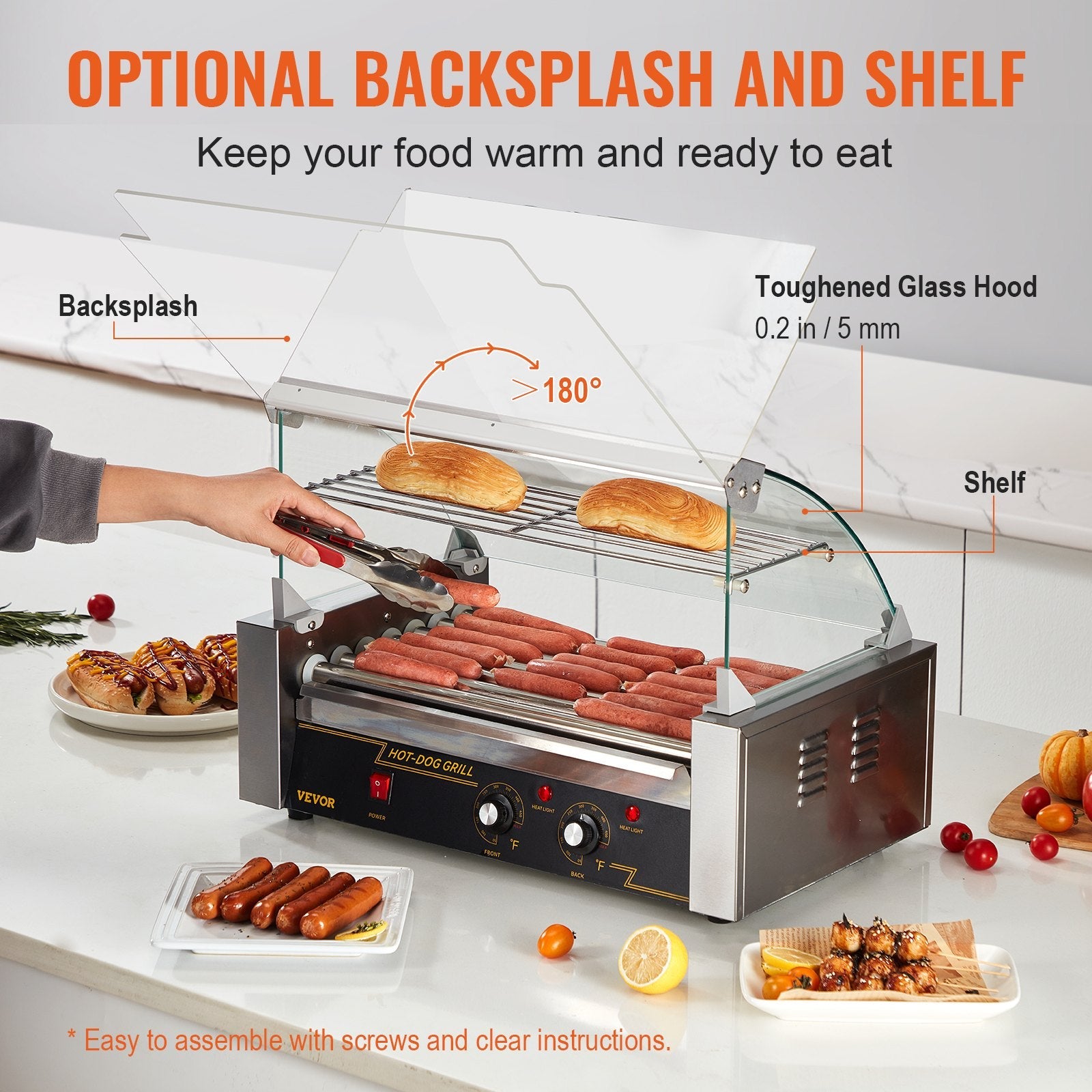 VEVOR Hot Dog Roller 7 Rollers 18 Hot Dogs Capacity, 1050W Stainless Sausage Grill Cooker Machine with Dual Temp Control Glass Hood Acrylic Cover Bun Warmer Shelf Removable Oil Drip Tray ETL Certified 