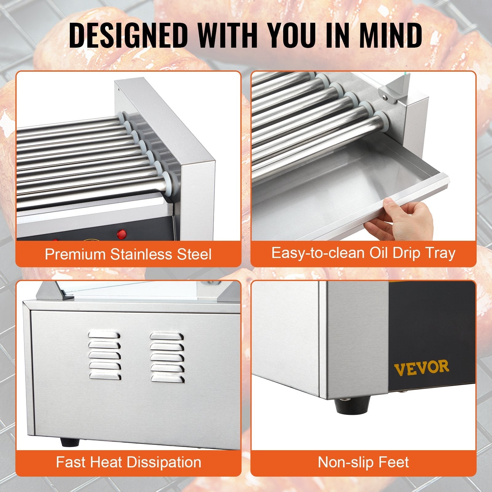 VEVOR Hot Dog Roller 7 Rollers 18 Hot Dogs Capacity, 1050W Stainless Sausage Grill Cooker Machine with Dual Temp Control Glass Hood Acrylic Cover Bun Warmer Shelf Removable Oil Drip Tray ETL Certified 