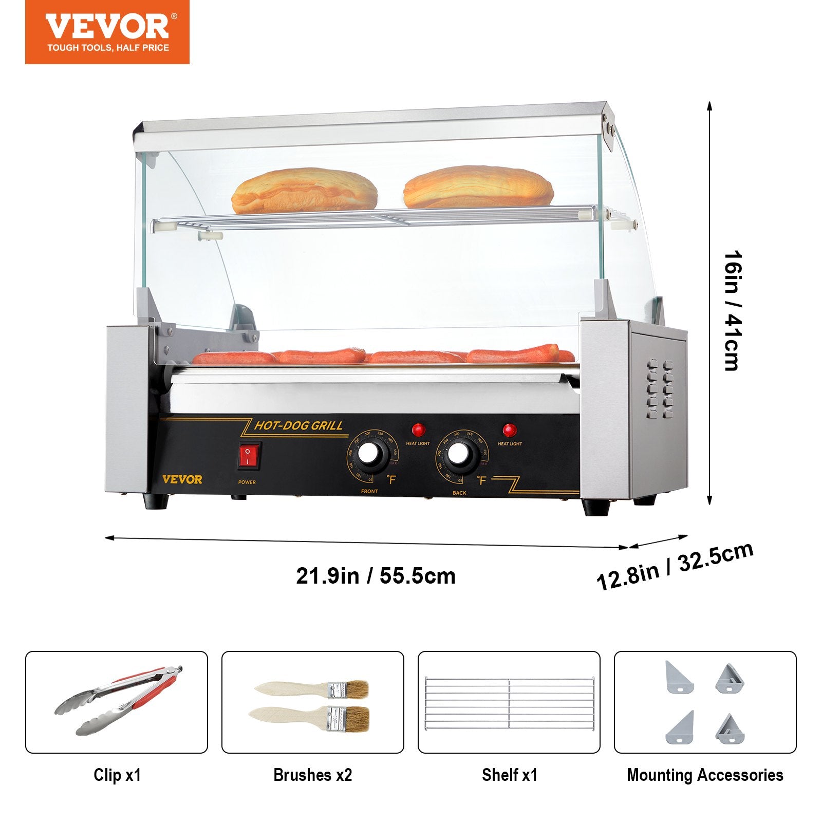 VEVOR Hot Dog Roller 7 Rollers 18 Hot Dogs Capacity, 1050W Stainless Sausage Grill Cooker Machine with Dual Temp Control Glass Hood Acrylic Cover Bun Warmer Shelf Removable Oil Drip Tray ETL Certified 