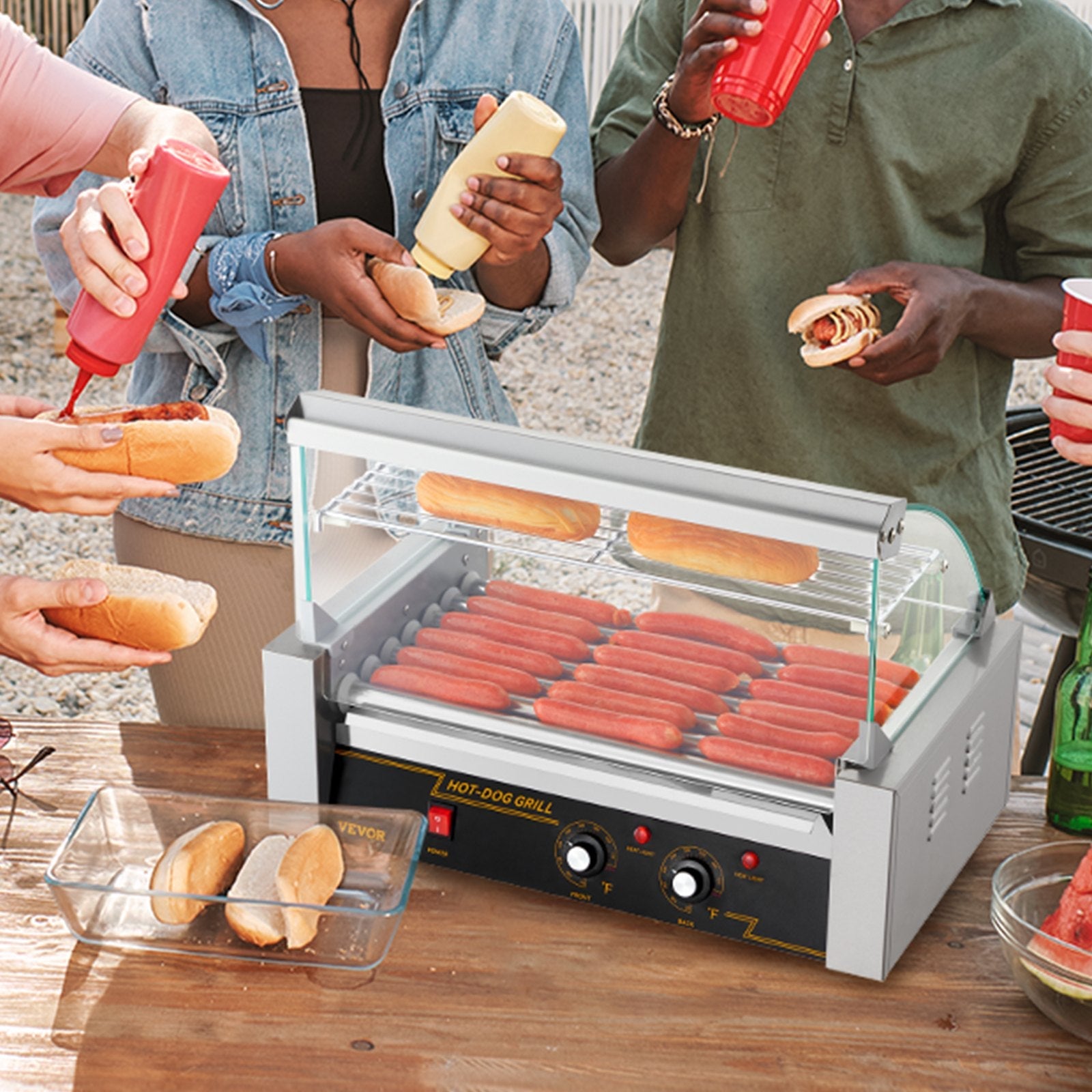 VEVOR Hot Dog Roller 7 Rollers 18 Hot Dogs Capacity, 1050W Stainless Sausage Grill Cooker Machine with Dual Temp Control Glass Hood Acrylic Cover Bun Warmer Shelf Removable Oil Drip Tray ETL Certified 