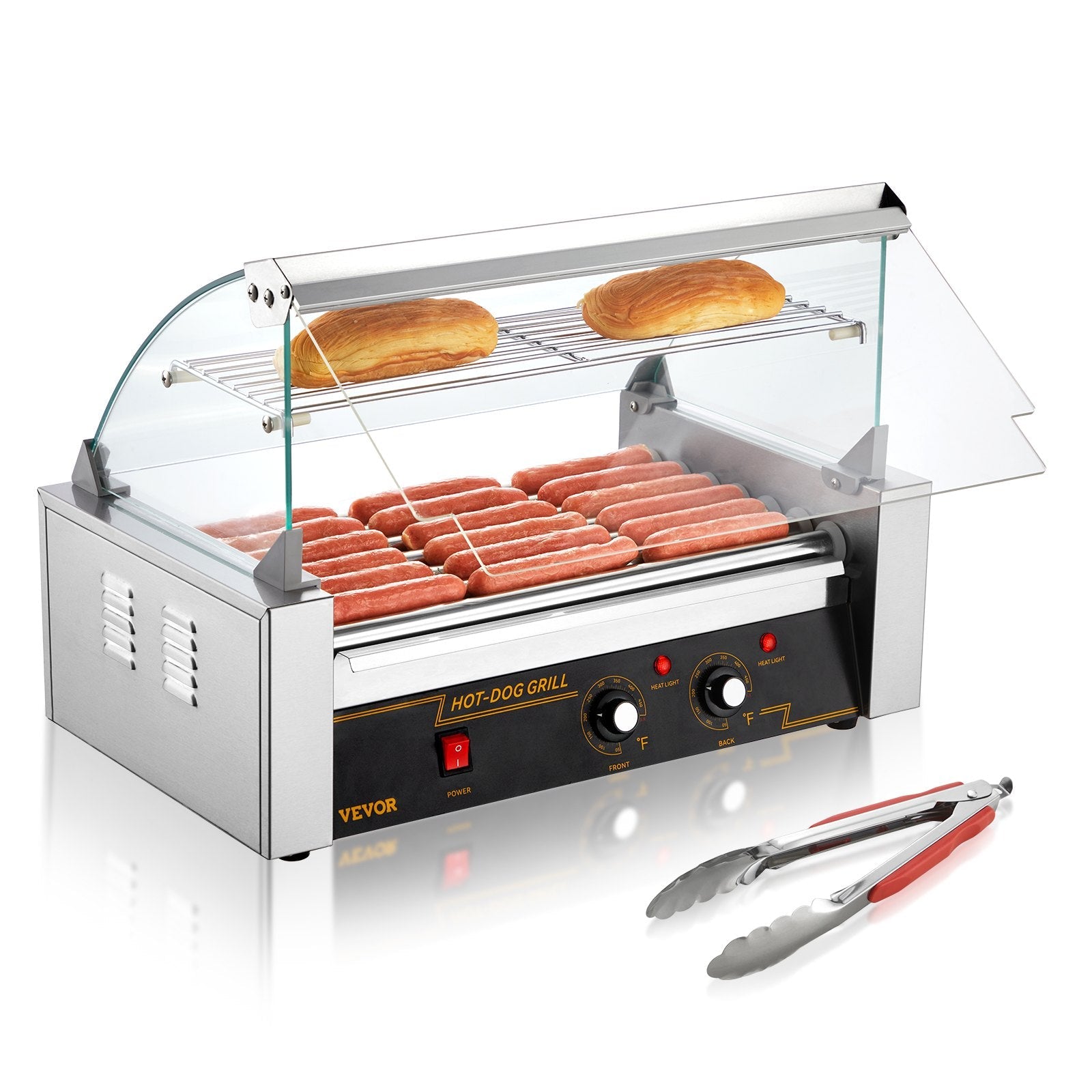VEVOR Hot Dog Roller 7 Rollers 18 Hot Dogs Capacity, 1050W Stainless Sausage Grill Cooker Machine with Dual Temp Control Glass Hood Acrylic Cover Bun Warmer Shelf Removable Oil Drip Tray ETL Certified 