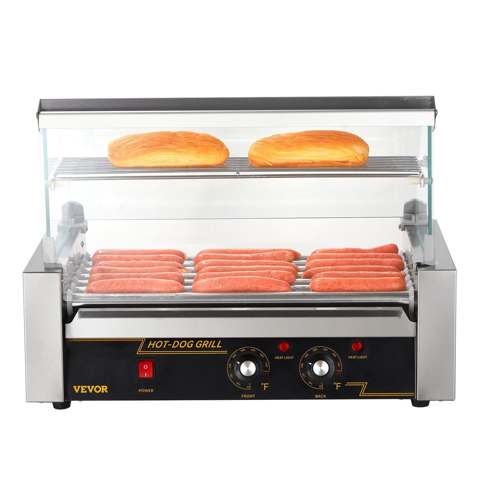 VEVOR Hot Dog Roller 7 Rollers 18 Hot Dogs Capacity, 1050W Stainless Sausage Grill Cooker Machine with Dual Temp Control Glass Hood Acrylic Cover Bun Warmer Shelf Removable Oil Drip Tray ETL Certified 