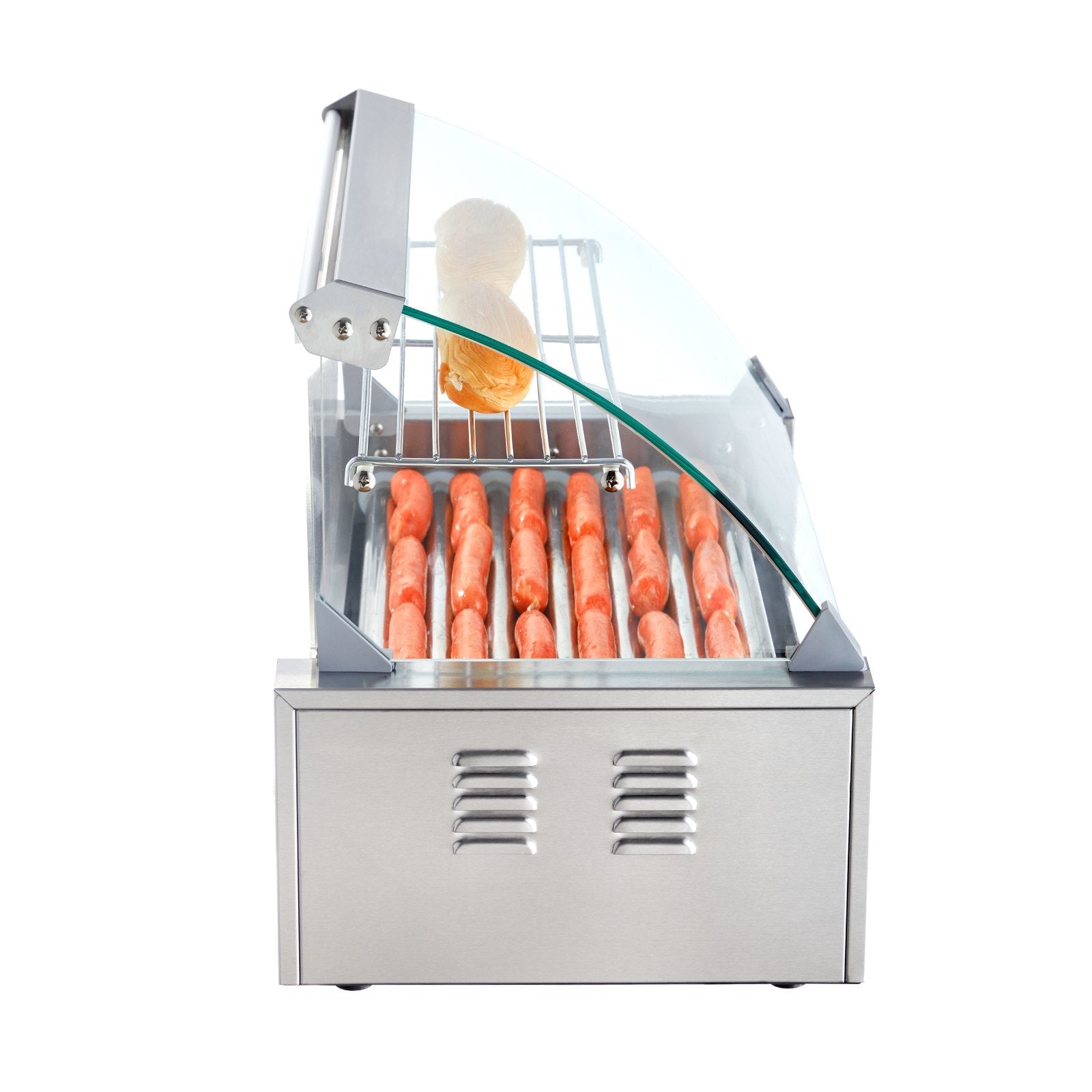 VEVOR Hot Dog Roller 7 Rollers 18 Hot Dogs Capacity, 1050W Stainless Sausage Grill Cooker Machine with Dual Temp Control Glass Hood Acrylic Cover Bun Warmer Shelf Removable Oil Drip Tray ETL Certified 