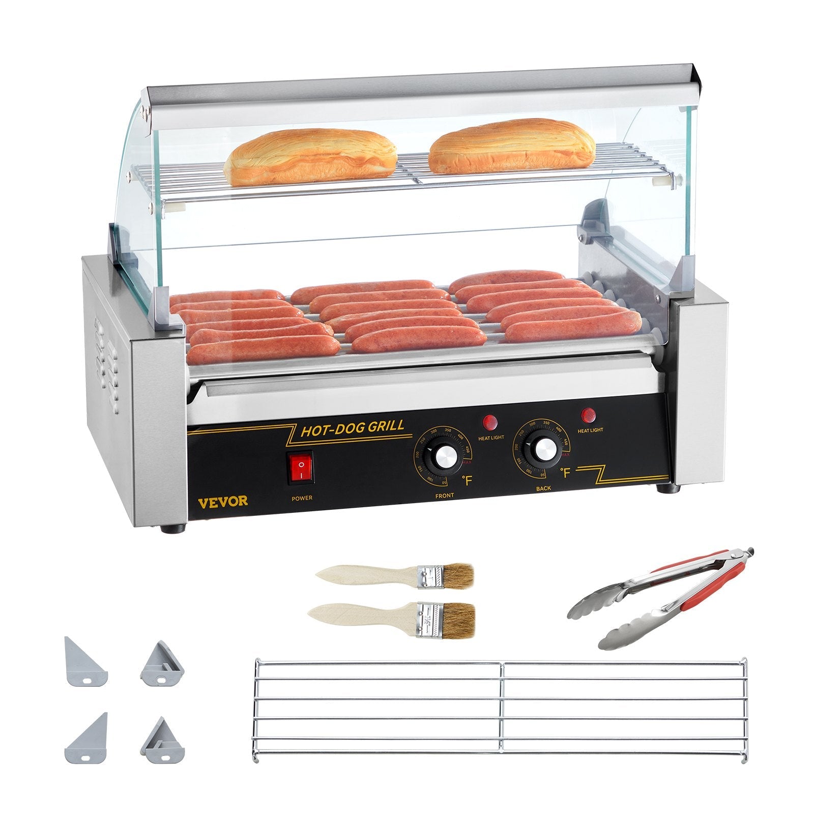 VEVOR Hot Dog Roller 7 Rollers 18 Hot Dogs Capacity, 1050W Stainless Sausage Grill Cooker Machine with Dual Temp Control Glass Hood Acrylic Cover Bun Warmer Shelf Removable Oil Drip Tray ETL Certified 