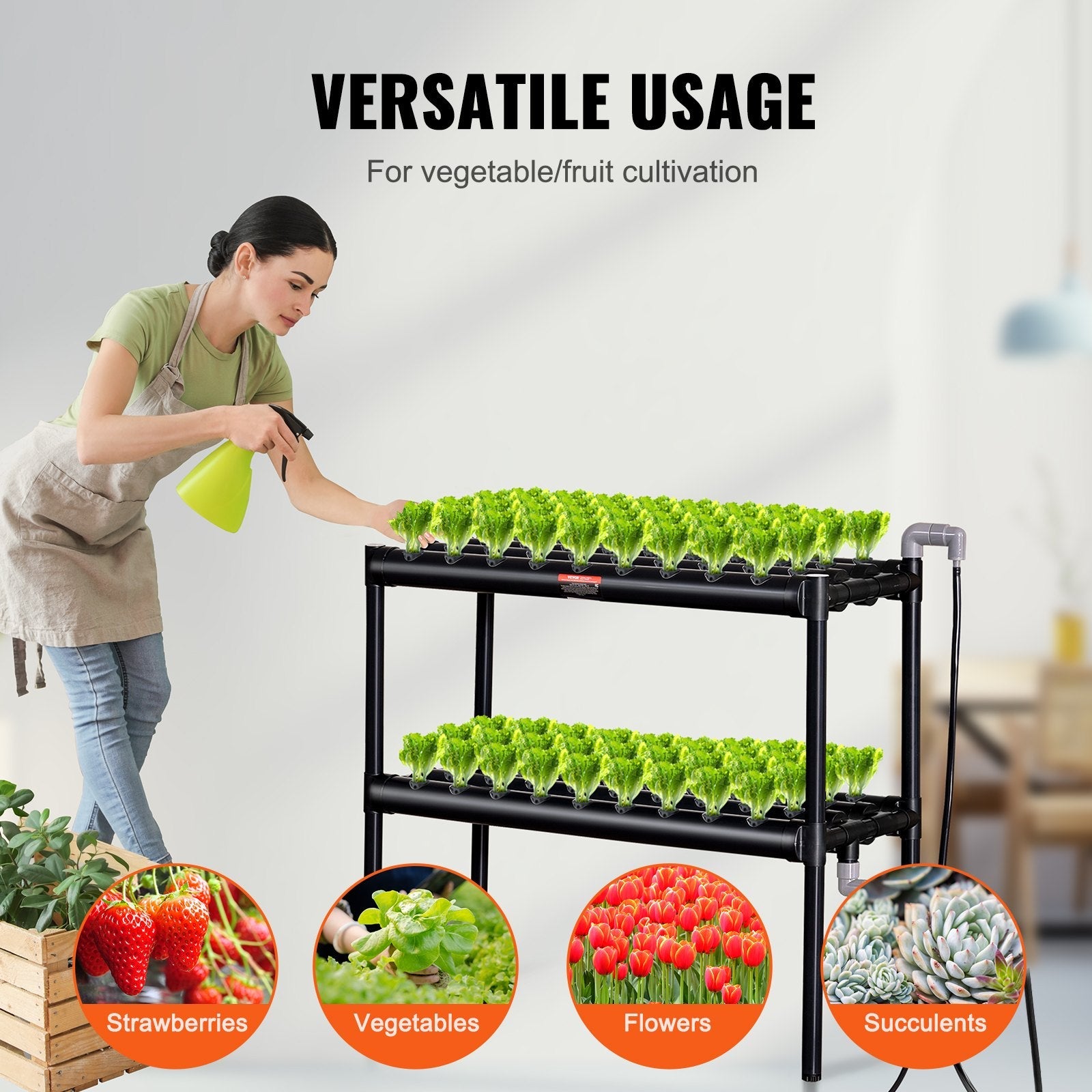 VEVOR Hydroponics Growing System, 72 Sites 2 Layers, Dark Grey PVC Pipes Hydroponic Grow Kit with Water Pump, Timer, Baskets and Sponges for Fruits, Vegetables, Herb 