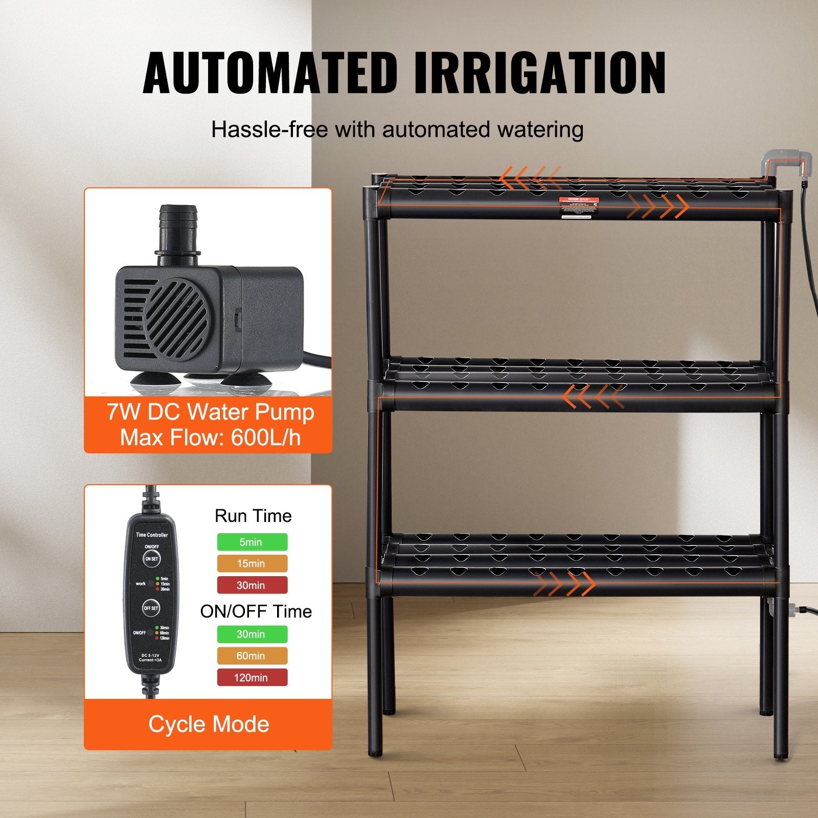 VEVOR Hydroponics Growing System, 108 Sites 3 Layers, Dark Grey PVC Pipes Hydroponic Grow Kit with Water Pump, Timer, Baskets and Sponges for Fruits, Vegetables, Herb 
