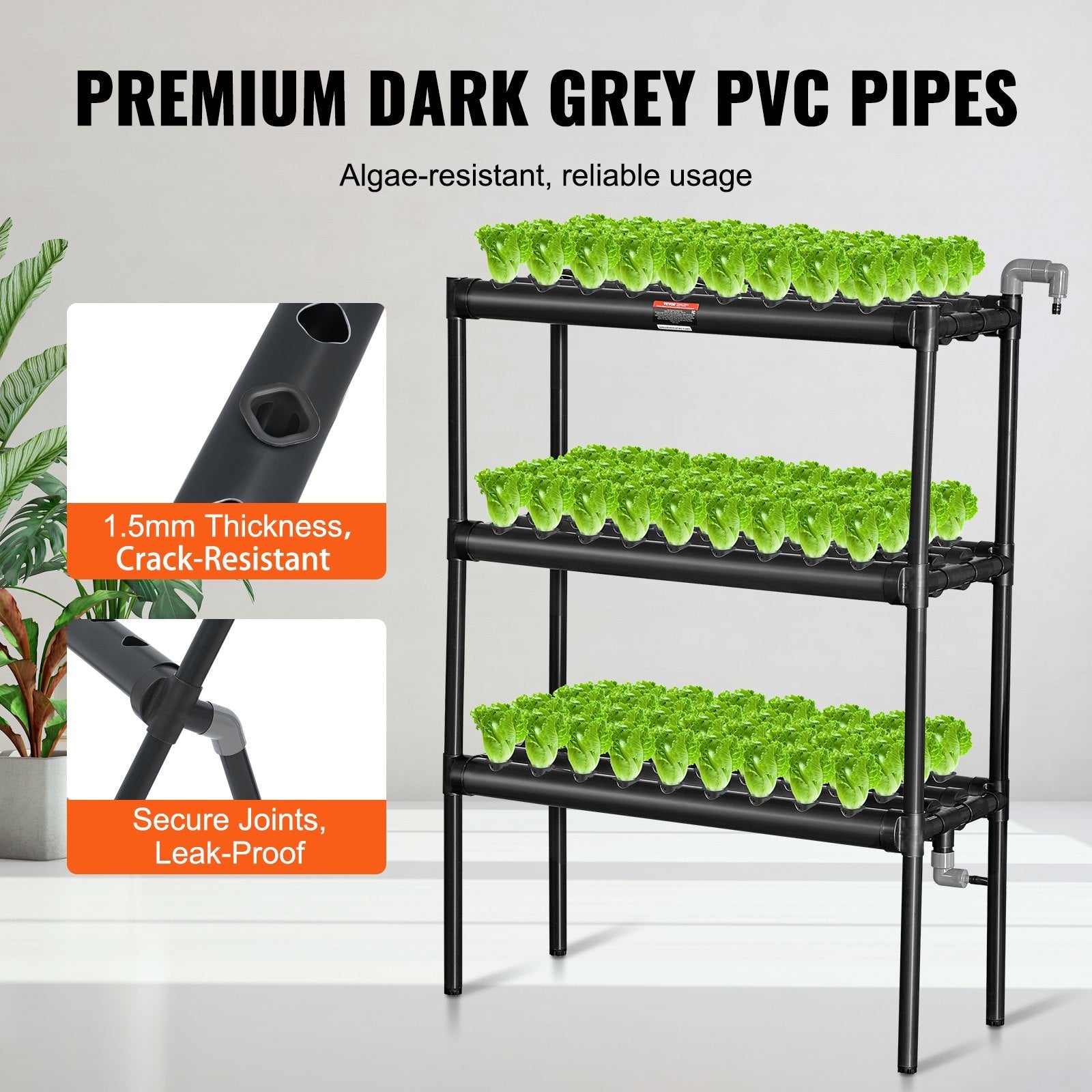 VEVOR Hydroponics Growing System, 108 Sites 3 Layers, Dark Grey PVC Pipes Hydroponic Grow Kit with Water Pump, Timer, Baskets and Sponges for Fruits, Vegetables, Herb 