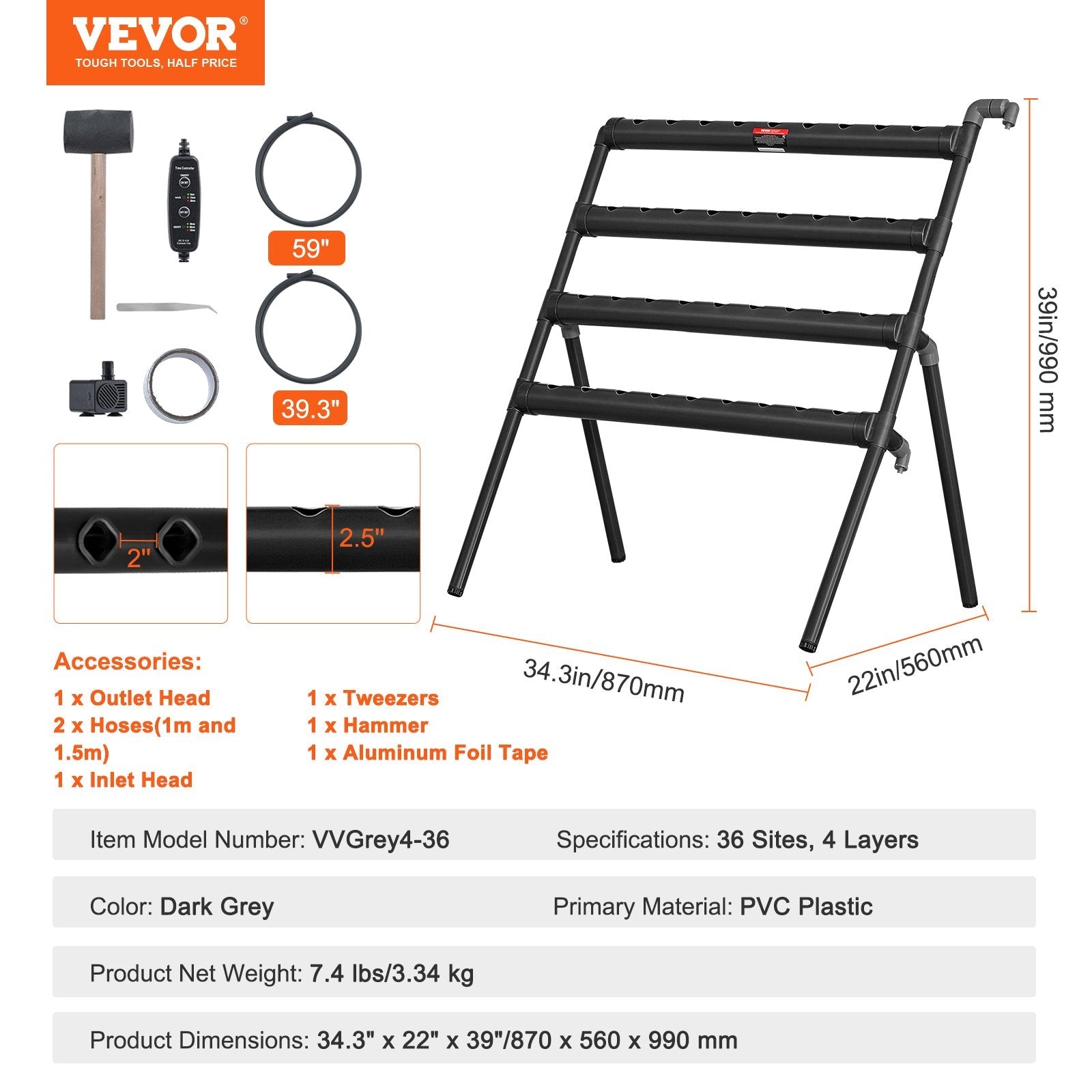 VEVOR Hydroponics Growing System, 36 Sites 4 Layers, Dark Grey PVC Pipes Hydroponic Grow Kit with Water Pump, Timer, Baskets and Sponges for Fruits, Vegetables, Herb 