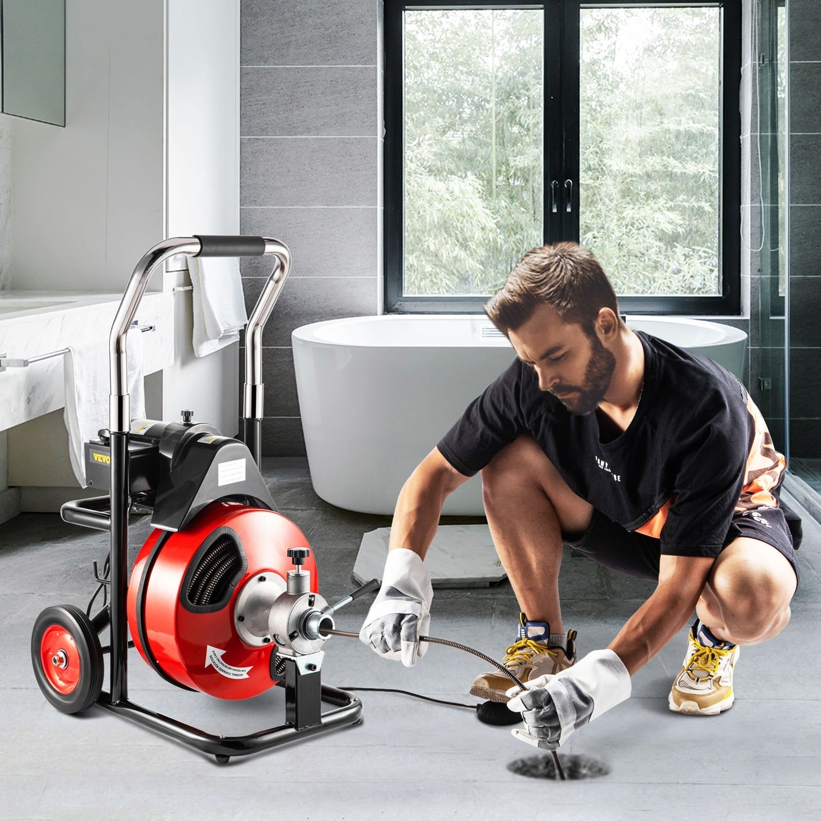 VEVOR 100Ft x 3/8Inch Drain Cleaner Machine fit 1 Inch (25mm) to 4 Inch(100mm) Pipes 370W Drain Cleaning Machine Portable Electric Drain Auger with Cutters Drain Auger Cleaner Plumbing Tool 