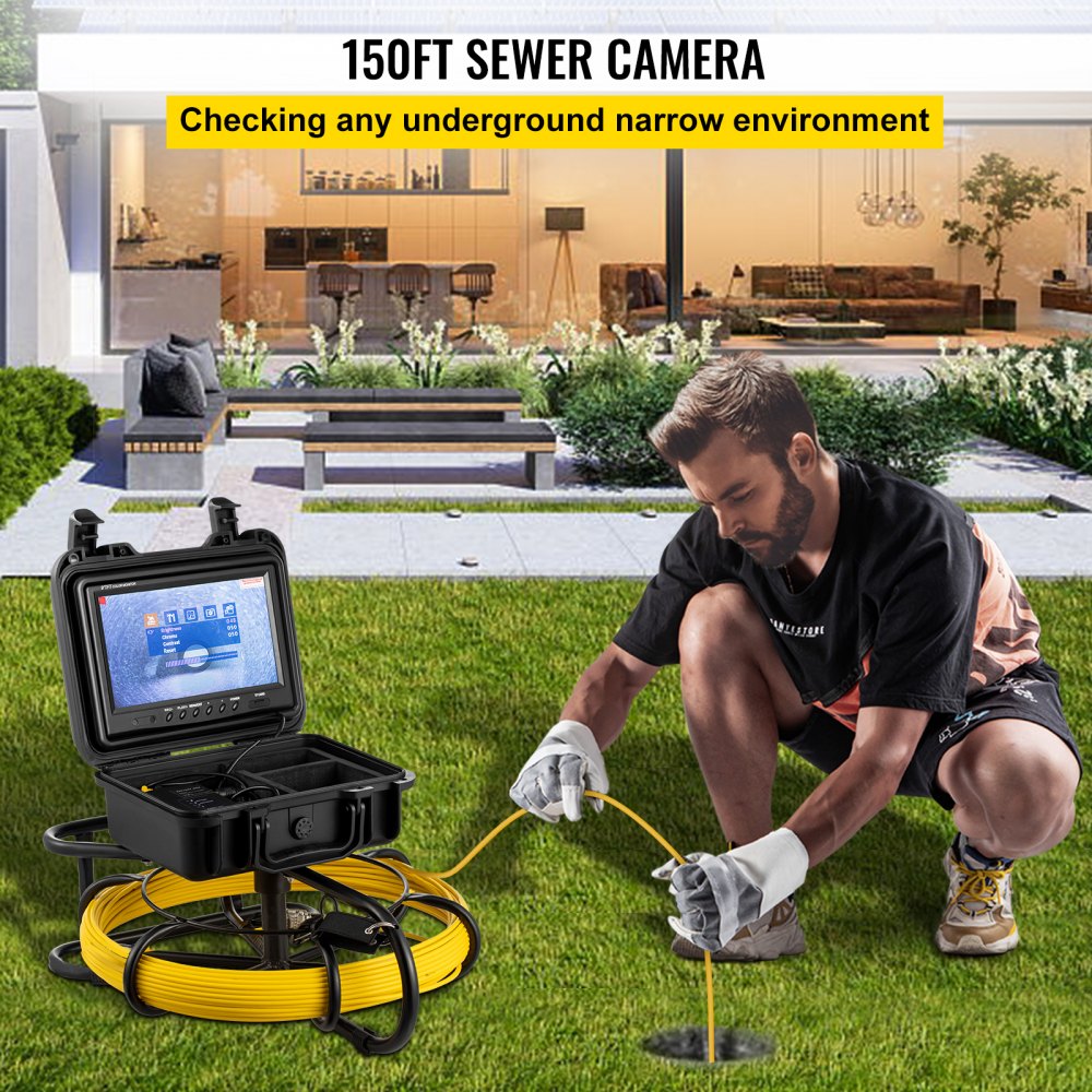 VEVOR Sewer Camera 150ft Pipe Pipeline Inspection Camera 9 Inch Color LCD Monitor Pipe Inspection Equipment IP68 Borescope Endoscope Waterproof (Camera Size: 23mm x 120mm) 