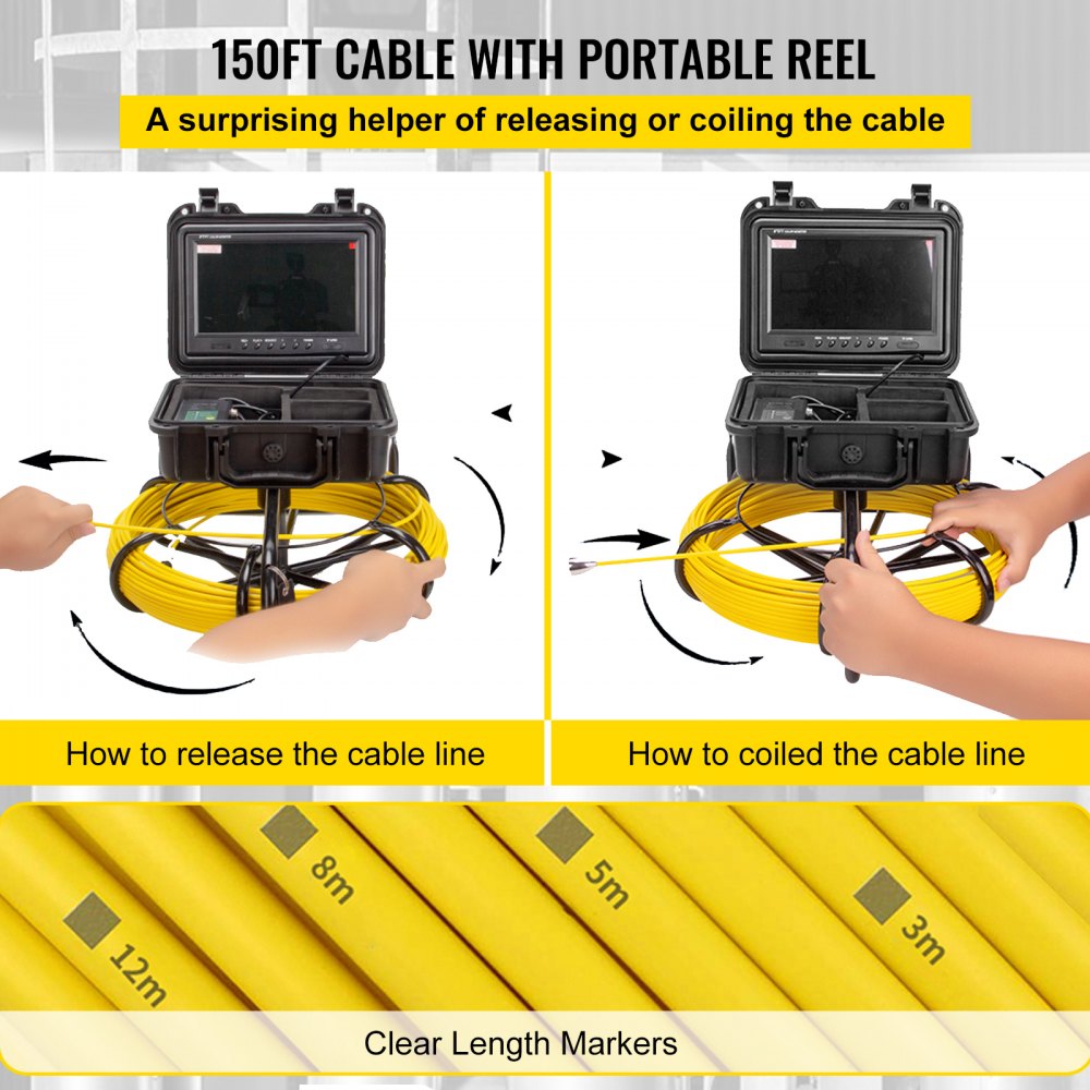 VEVOR Sewer Camera 150ft Pipe Pipeline Inspection Camera 9 Inch Color LCD Monitor Pipe Inspection Equipment IP68 Borescope Endoscope Waterproof (Camera Size: 23mm x 120mm) 