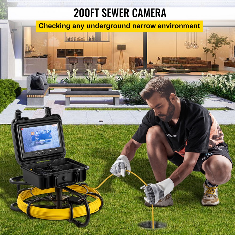 VEVOR Sewer Camera 200ft Pipe Pipeline Inspection Camera 9 Inch Color LCD Monitor Pipe Inspection Equipment IP68 Borescope Endoscope Waterproof (Camera Size: 23mm x 120mm) 