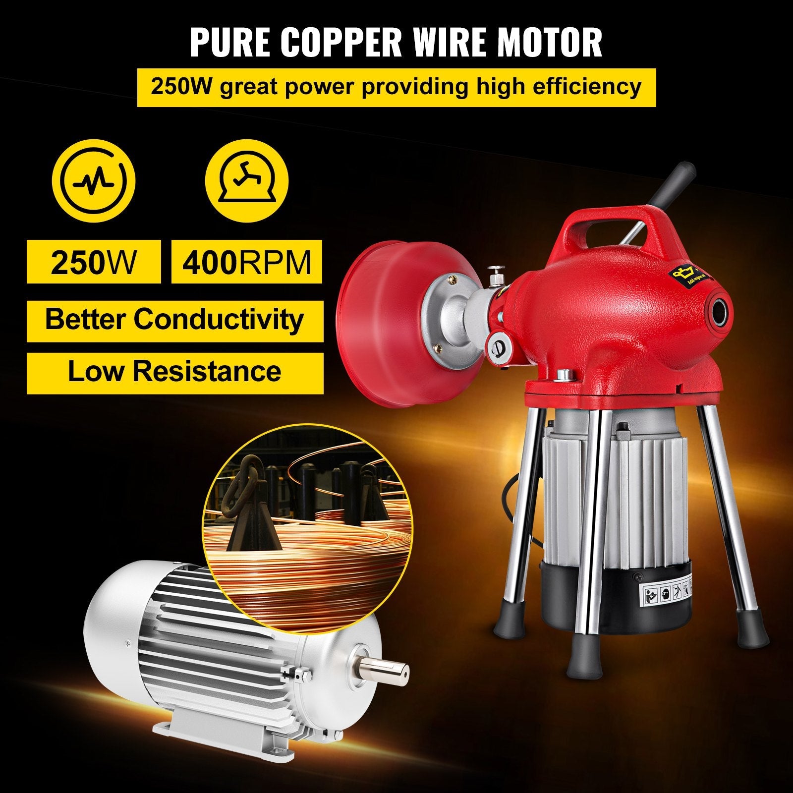 VEVOR Drain Cleaner Machine, 250W 2 Cables, Electric Drain Auger for 3/4\" to 4\" Pipes, Power Spin with Autofeed Function & 6 Cutters, Sewer Snake for Toilet, Sewer, Bathroom, Sink and Shower 