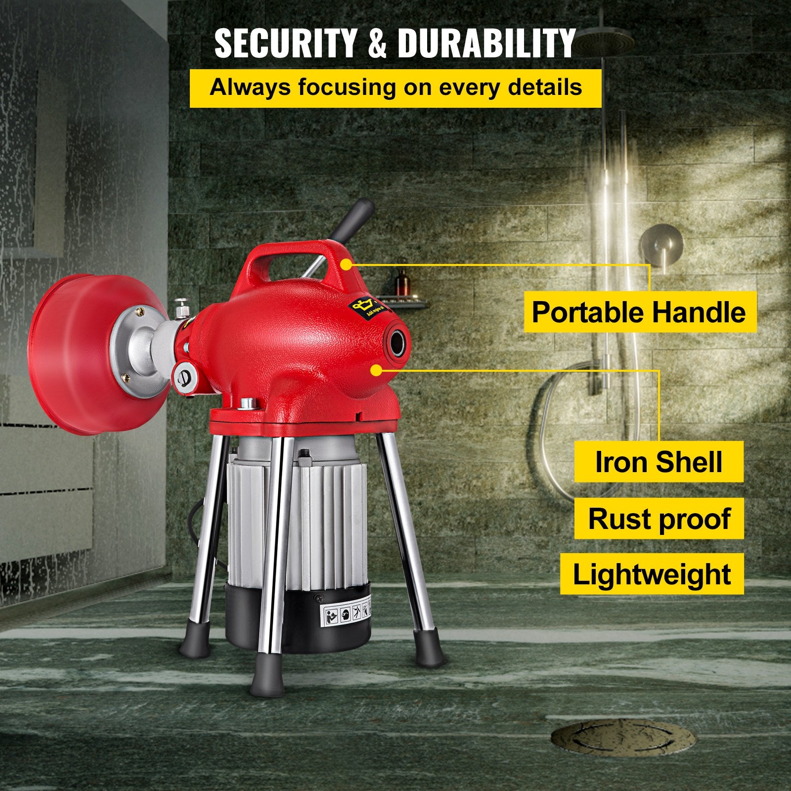 VEVOR Drain Cleaner Machine, 250W 2 Cables, Electric Drain Auger for 3/4\" to 4\" Pipes, Power Spin with Autofeed Function & 6 Cutters, Sewer Snake for Toilet, Sewer, Bathroom, Sink and Shower 