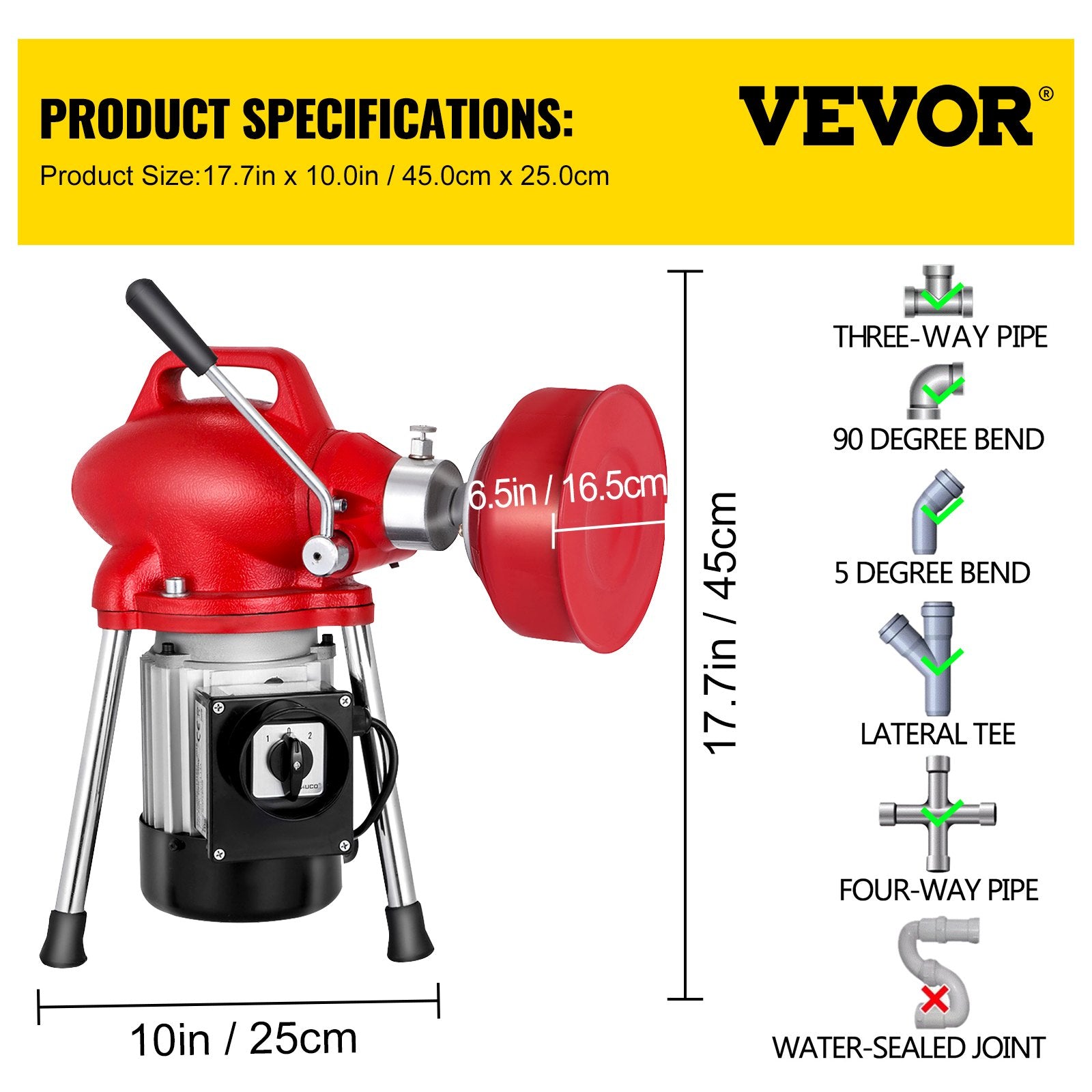 VEVOR Drain Cleaner Machine, 250W 2 Cables, Electric Drain Auger for 3/4\" to 4\" Pipes, Power Spin with Autofeed Function & 6 Cutters, Sewer Snake for Toilet, Sewer, Bathroom, Sink and Shower 