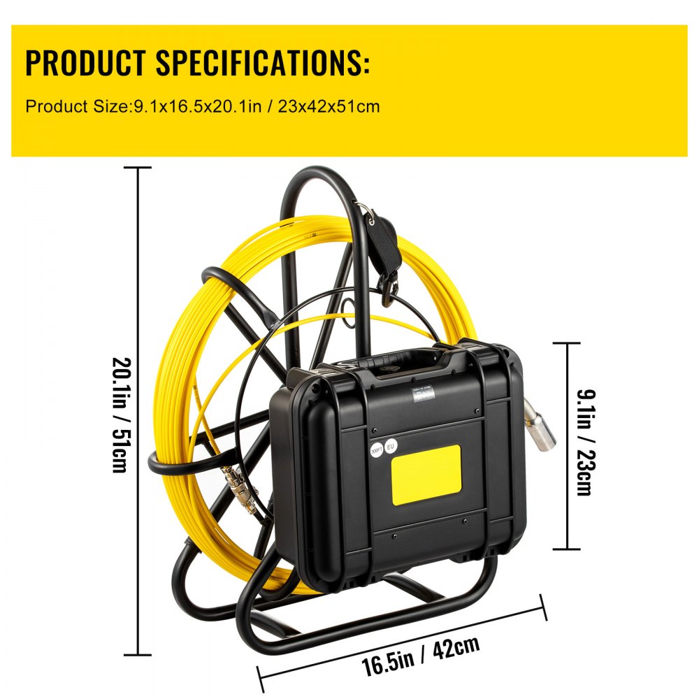 VEVOR Sewer Camera, 300FT Pipe Pipeline Inspection Camera, 9 Inch Color LCD Monitor Pipe Inspection Equipment, IP68 Borescope Endoscope Waterproof(Camera Size: 23MMx120MM), Yellow 