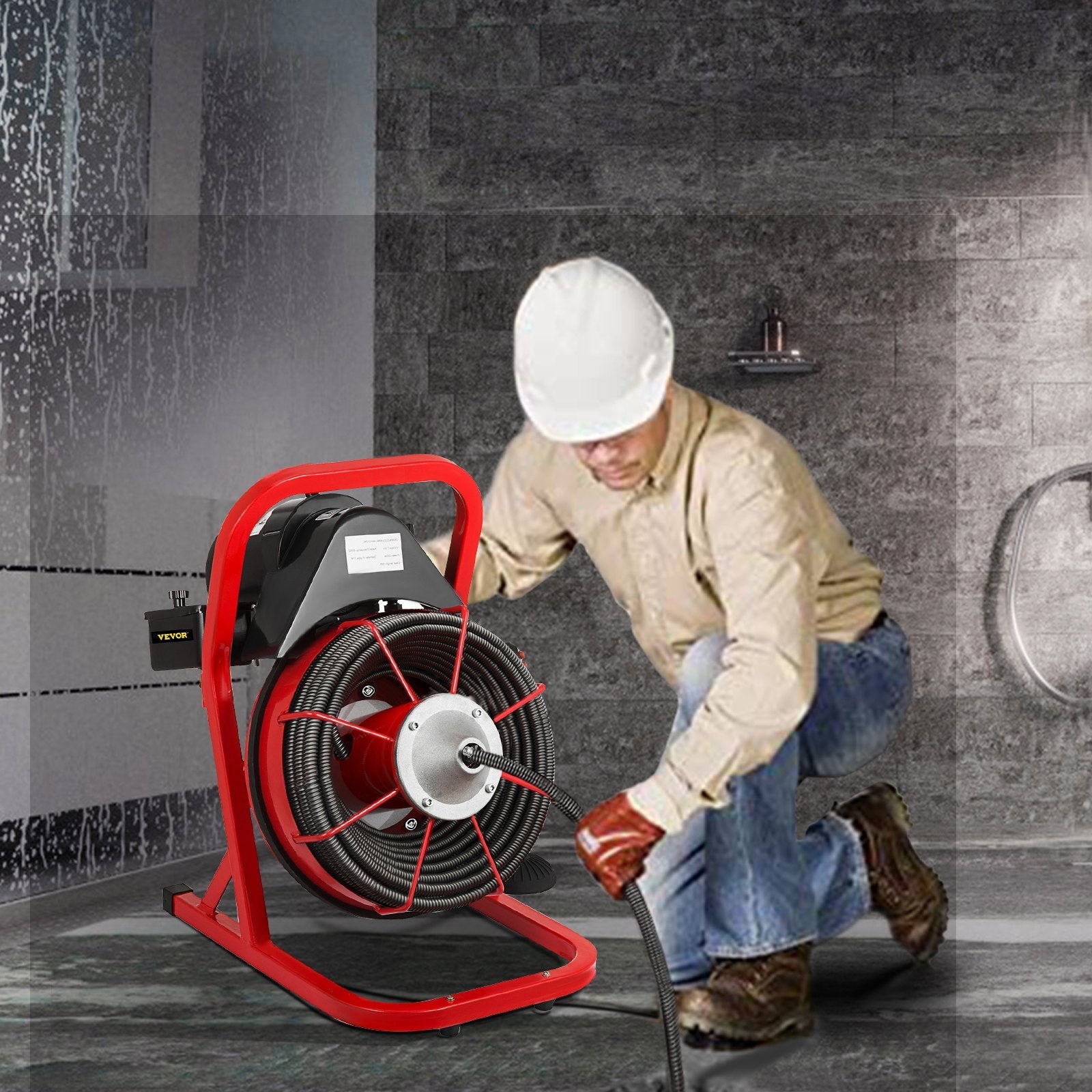 VEVOR 50 Ft x 3/8 Inch Drain Cleaner Machine fit 1 Inch (25mm) to 4 Inch(100mm) Pipes 370W Drain Cleaning Machine Portable Electric Drain Auger with Cutters Glove Drain Auger Cleaner Sewer 
