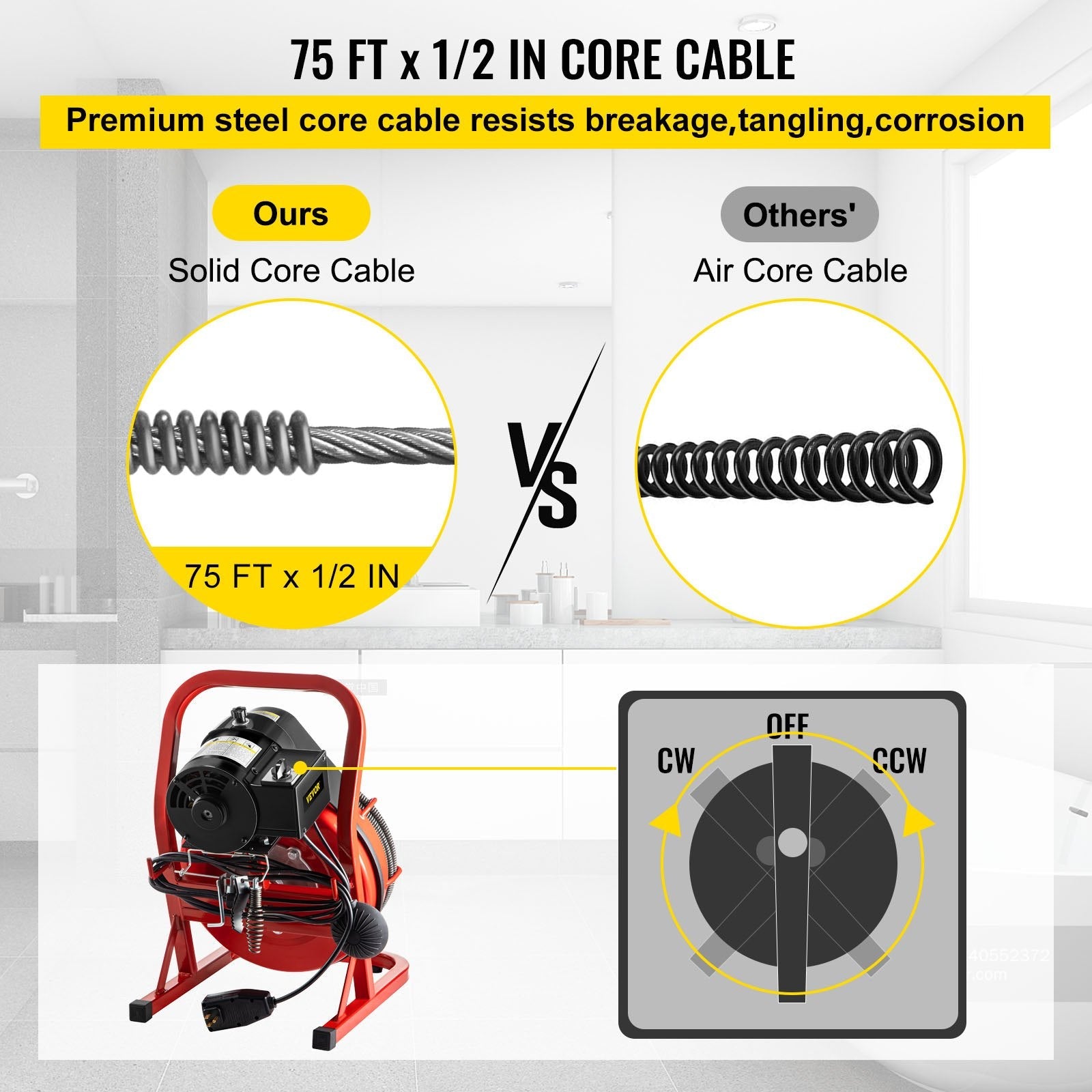VEVOR 75Ft x 1/2Inch Drain Cleaner Machine fit 1 Inch (25mm) to 4 Inch(100mm) Pipes 370W Drain Cleaning Machine Portable Electric Drain Auger with Cutters Glove Drain Auger Cleaner Sewer 