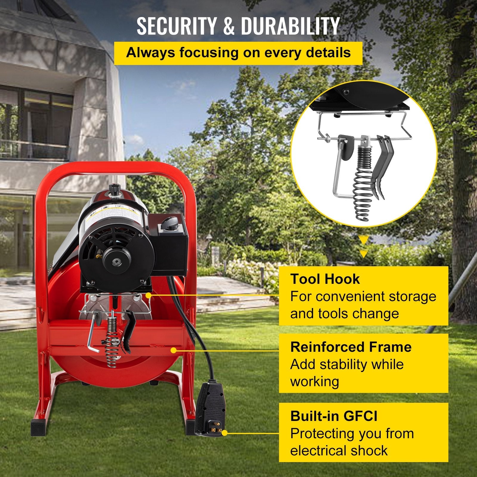VEVOR Drain Cleaner Machine, 75' x 3/8" Electric Drain Auger, 250 W Electric Drain Pipe Cleaner, Sewer Clog with Cutters, Glove Drain Auger Cleaner Sewer Snake, Sewer Snake Machine Auto-feed Control 