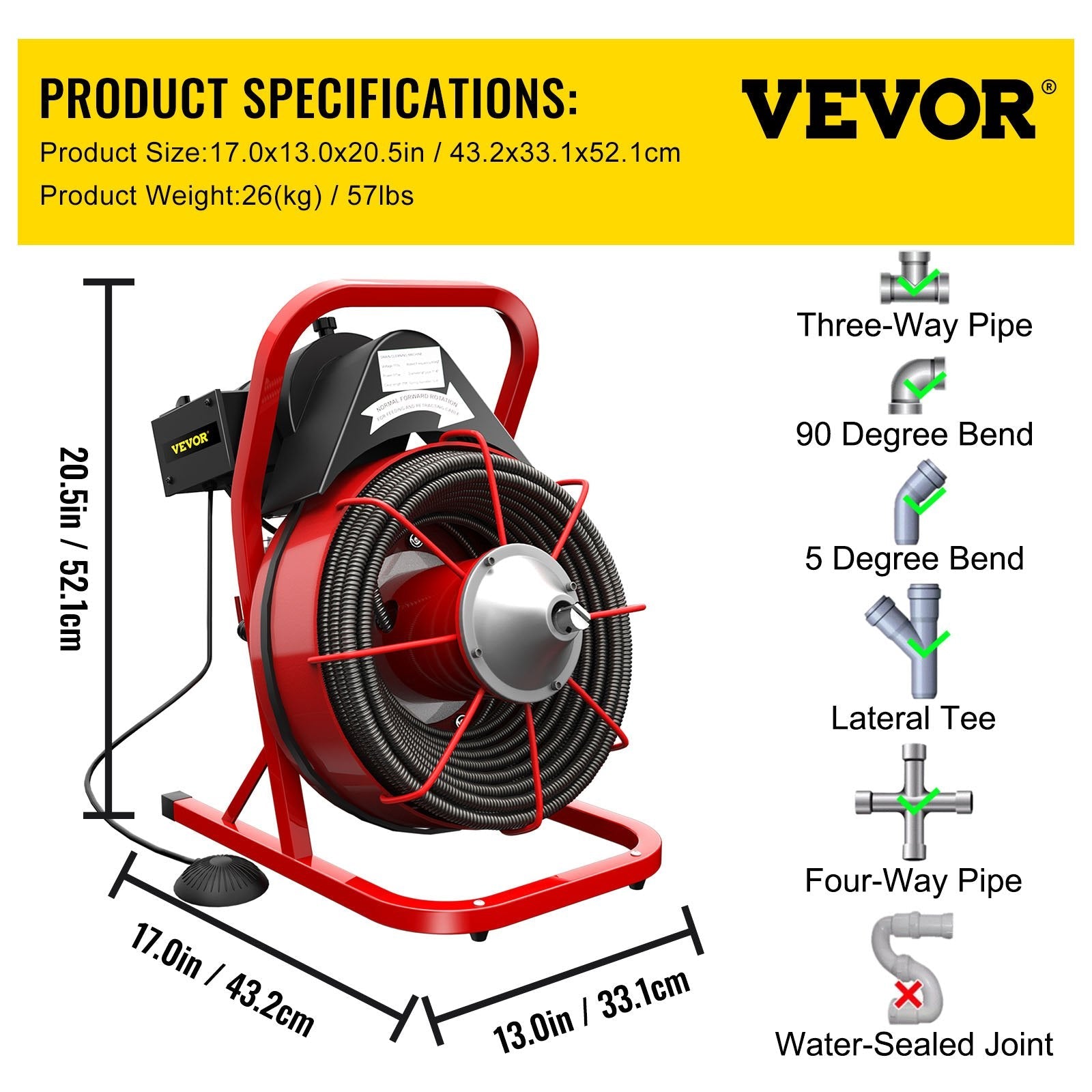 VEVOR Drain Cleaner Machine, 75' x 3/8" Electric Drain Auger, 250 W Electric Drain Pipe Cleaner, Sewer Clog with Cutters, Glove Drain Auger Cleaner Sewer Snake, Sewer Snake Machine Auto-feed Control 