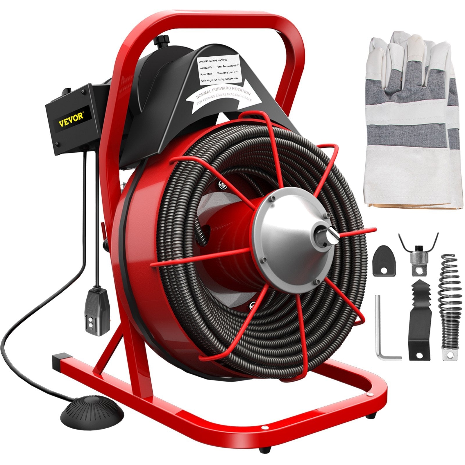 VEVOR Drain Cleaner Machine, 75' x 3/8" Electric Drain Auger, 250 W Electric Drain Pipe Cleaner, Sewer Clog with Cutters, Glove Drain Auger Cleaner Sewer Snake, Sewer Snake Machine Auto-feed Control 