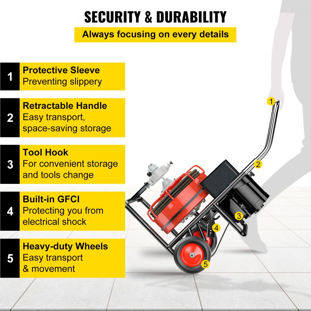 VEVOR 75 Ft x 3/8Inch Drain Cleaner Machine fit 1 Inch (25mm) to 4 Inch(100mm) Pipes 370W Open Drain Cleaning Machine Portable Electric Drain Auger with Cutters Glove Drain Auger Cleaner Sewer 