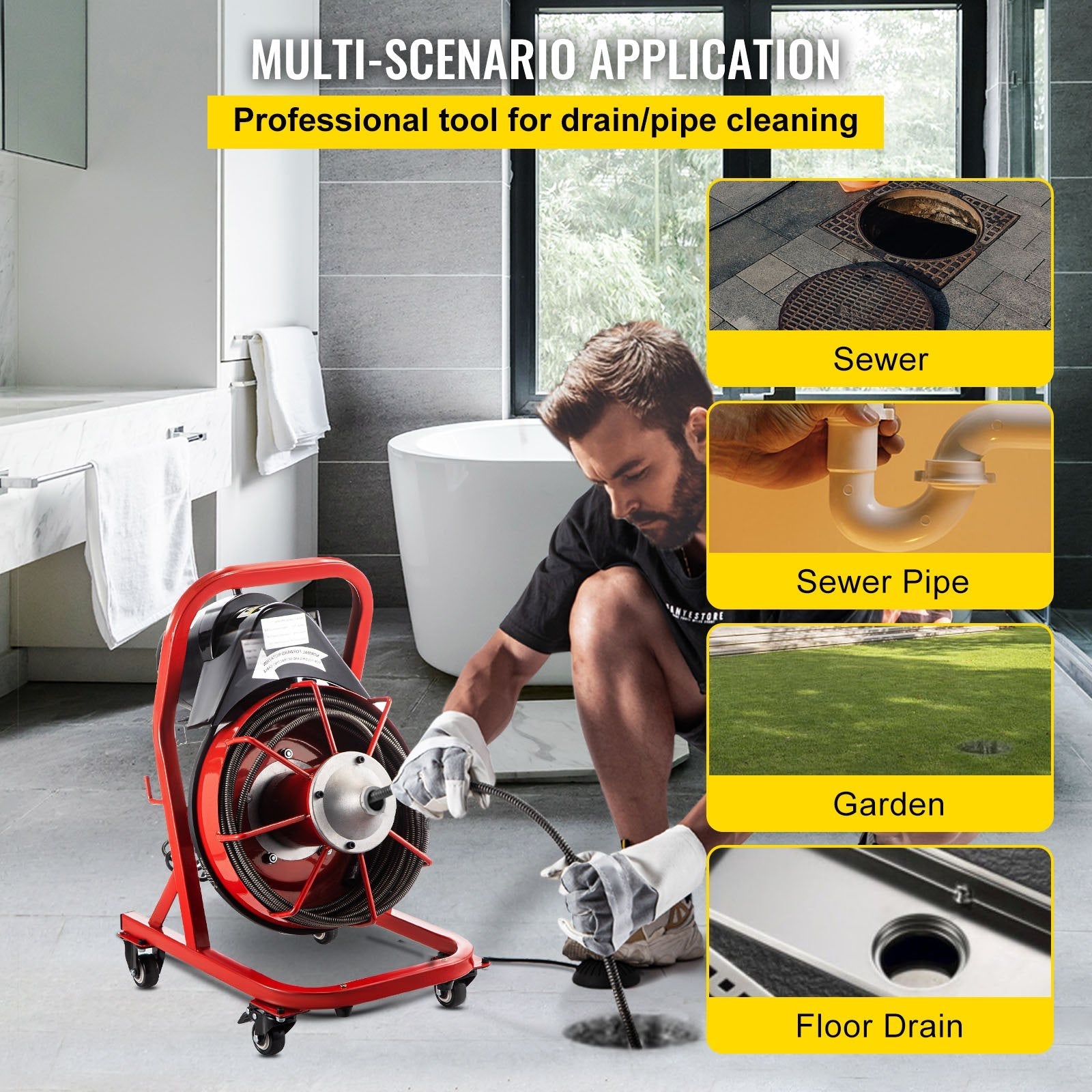 VEVOR Electric Drain Auger, 75\' x 3/8\", 250W Drain Cleaner Machine Fit 2\'\'- 4\'\' Pipes, Hair Catcher for Kitchen Sink, Bathroom Tub, Toilet Clogged, Drains Dredge, Foliose Sewers 