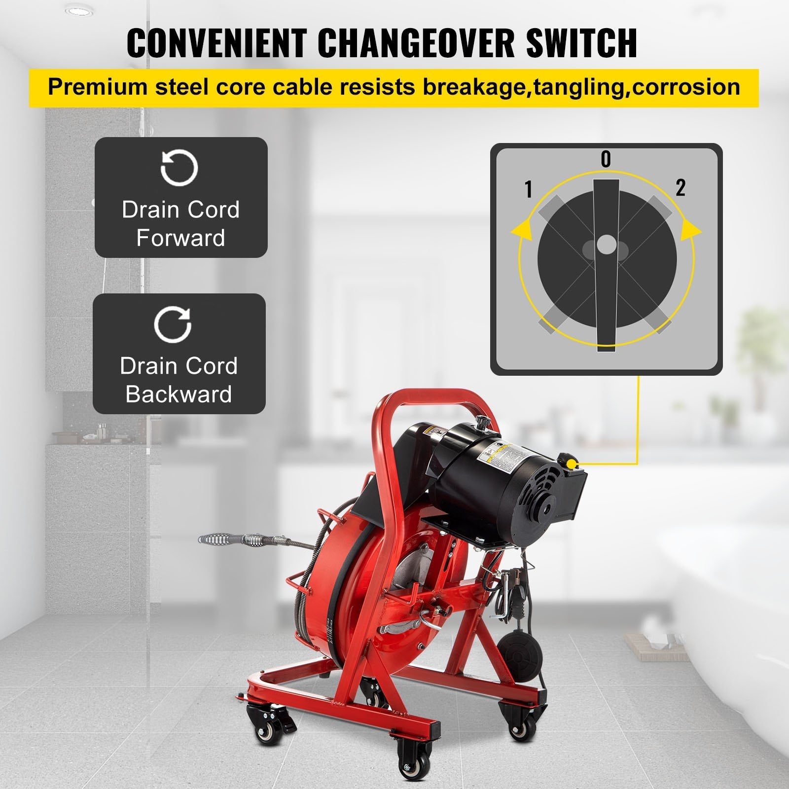 VEVOR Electric Drain Auger, 75\' x 3/8\", 250W Drain Cleaner Machine Fit 2\'\'- 4\'\' Pipes, Hair Catcher for Kitchen Sink, Bathroom Tub, Toilet Clogged, Drains Dredge, Foliose Sewers 