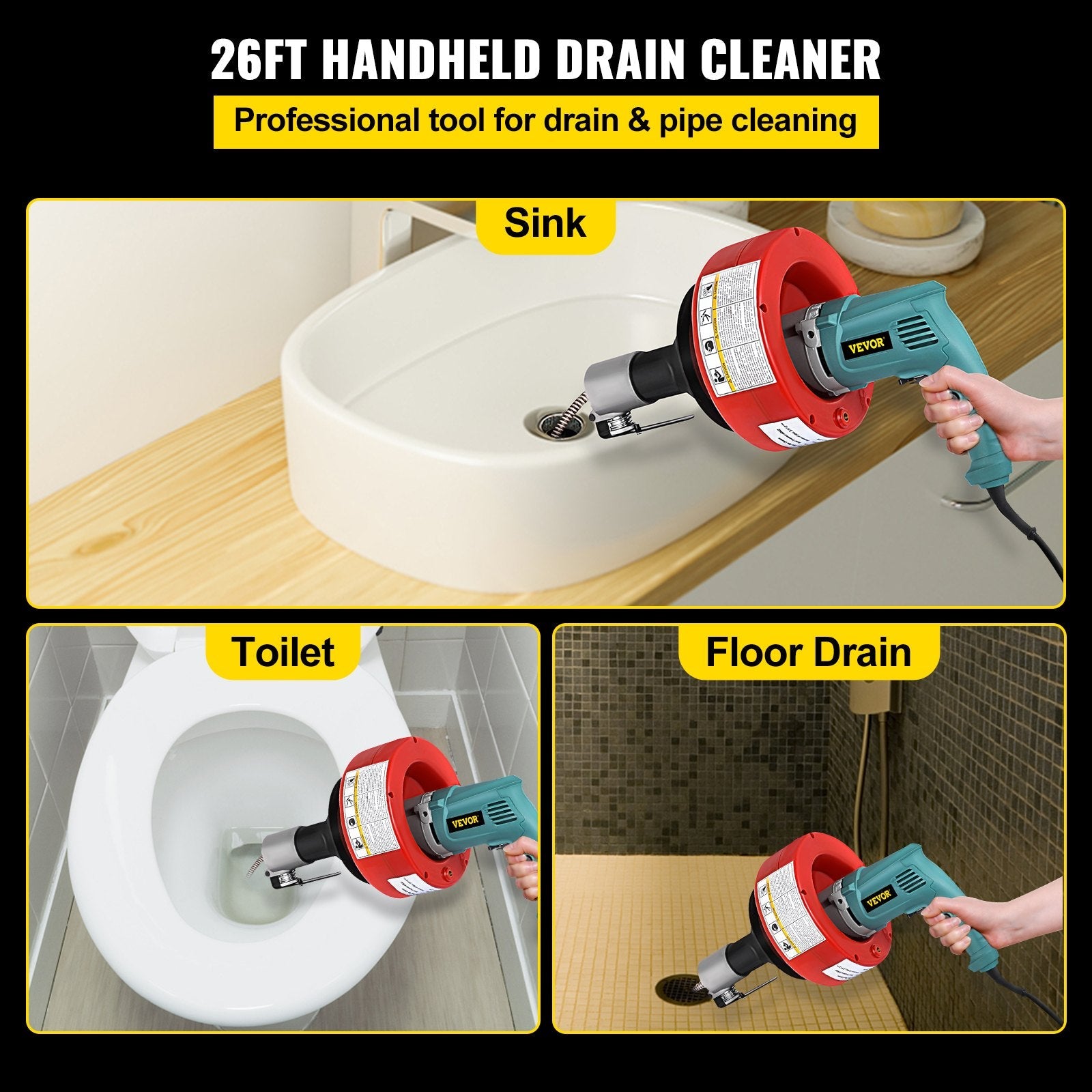 VEVOR 26 Ft Portable Electric Drain Auger Best fit 0.8Inch (20mm)-2.6Inch (65mm) Pipes Electric Drain Snake Lightweight Drain Cleaner Machine Drain Cleaning, Red 